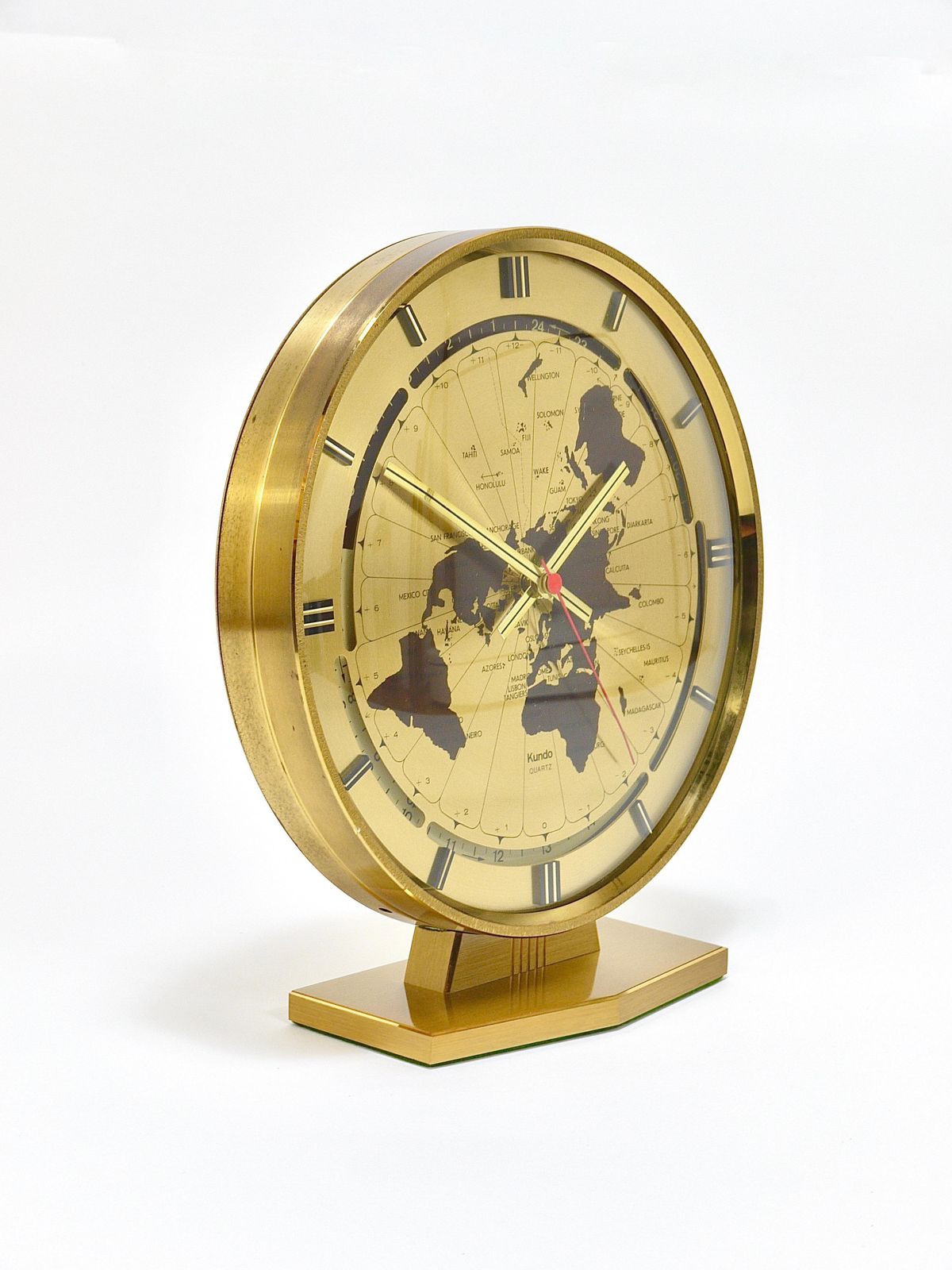 Large Kundo Gmt World Time Zone Brass Table Clock, Kieninger & Obergfell, 1960s photo vinterior