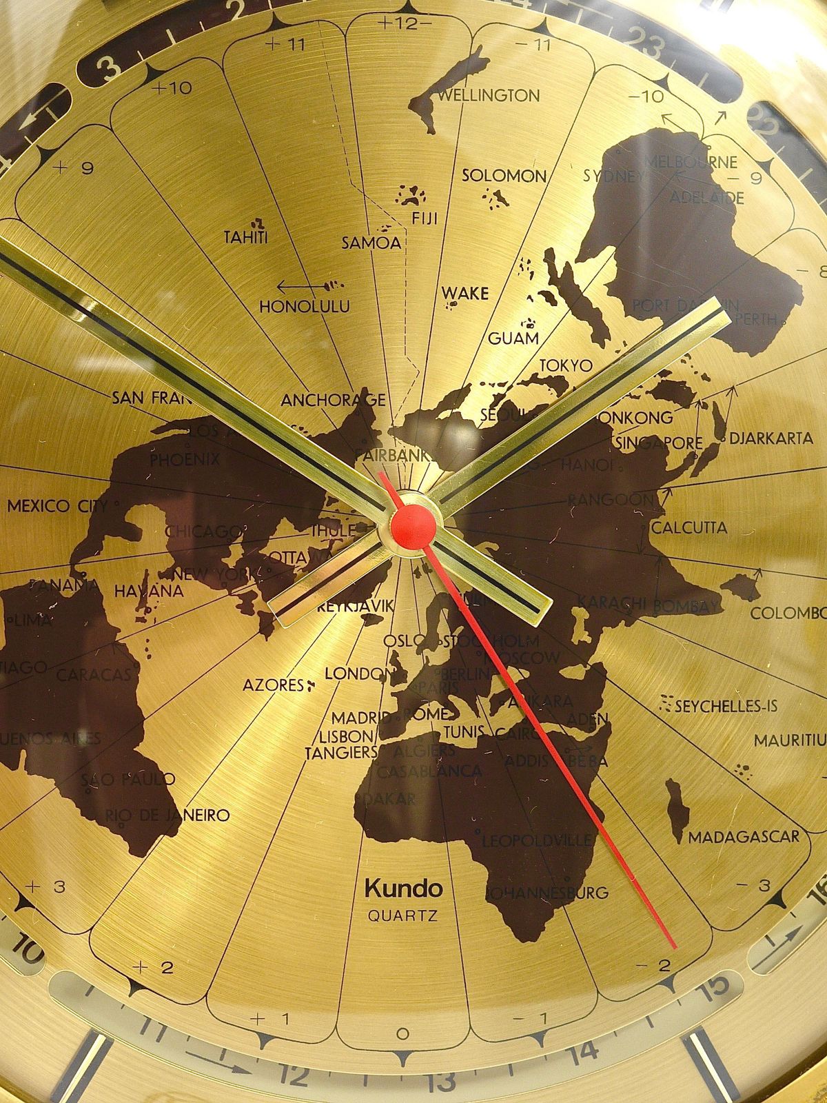 Large Kundo Gmt World Time Zone Brass Table Clock, Kieninger & Obergfell, 1960s photo buy