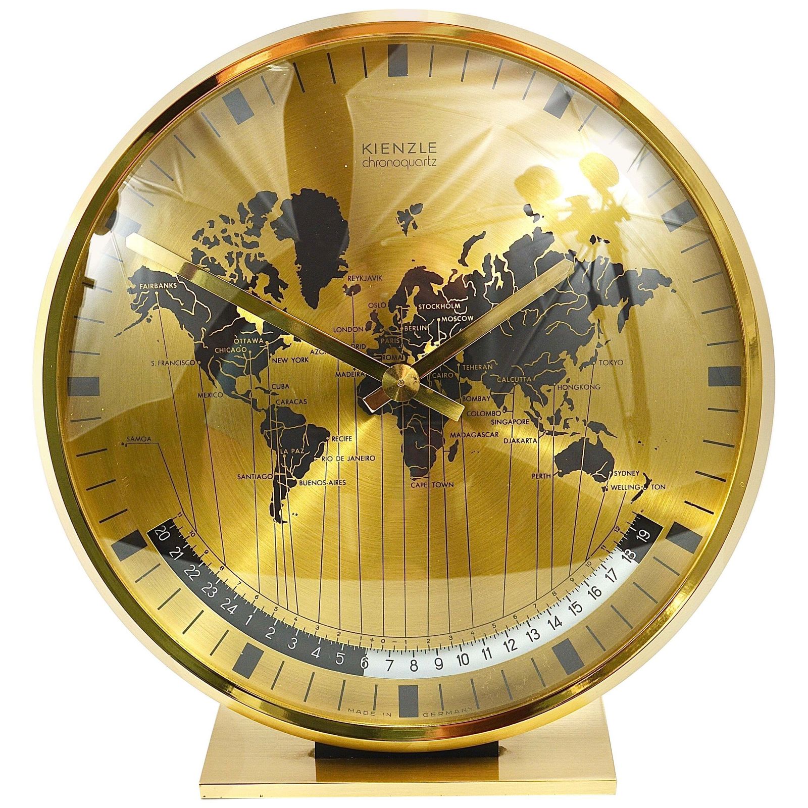 Kienzle Gmt World Time Zone Brass Table Clock, Midcentury, Germany, 1960s