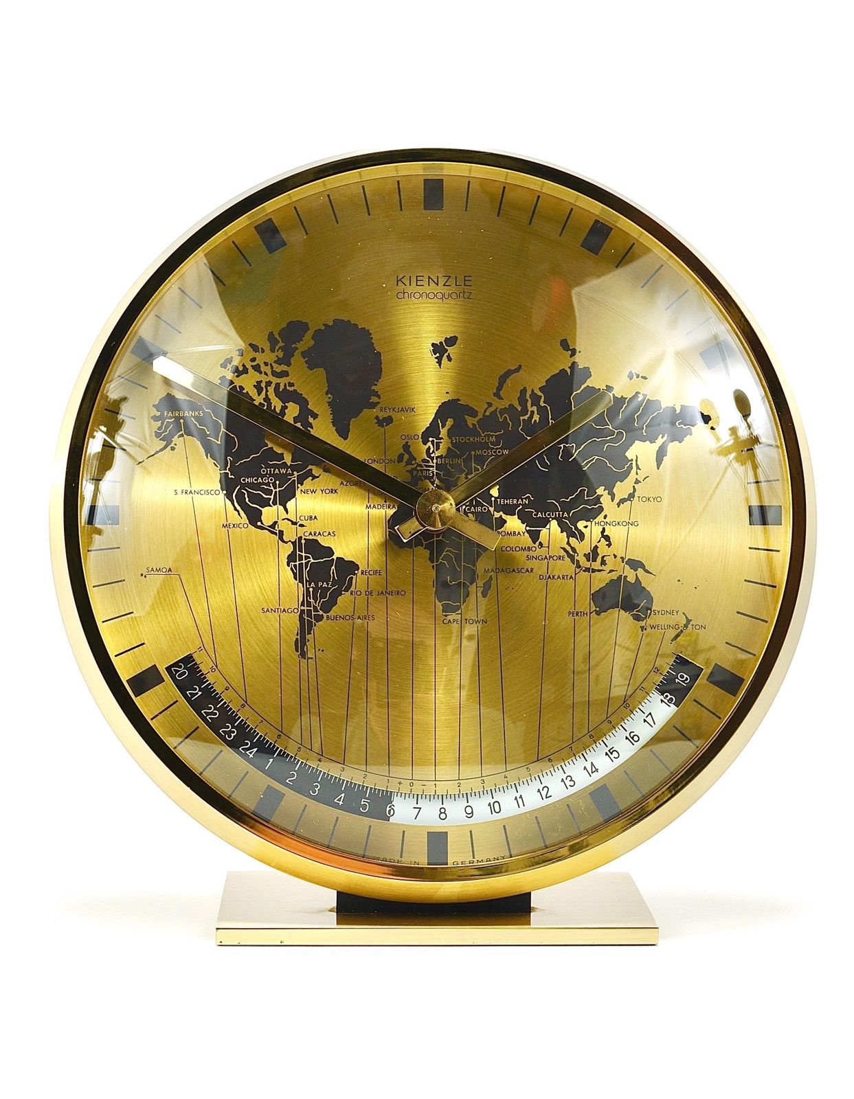 Kienzle Gmt World Time Zone Brass Table Clock, Midcentury, Germany, 1960s photo for sale