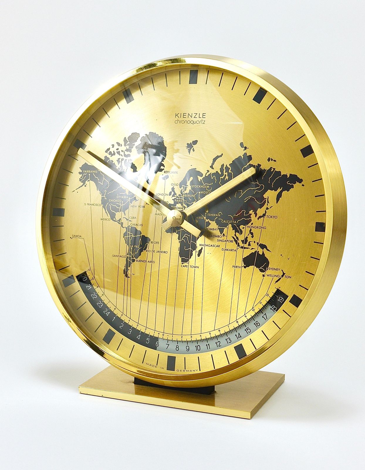 Kienzle Gmt World Time Zone Brass Table Clock, Midcentury, Germany, 1960s photo Home Decor