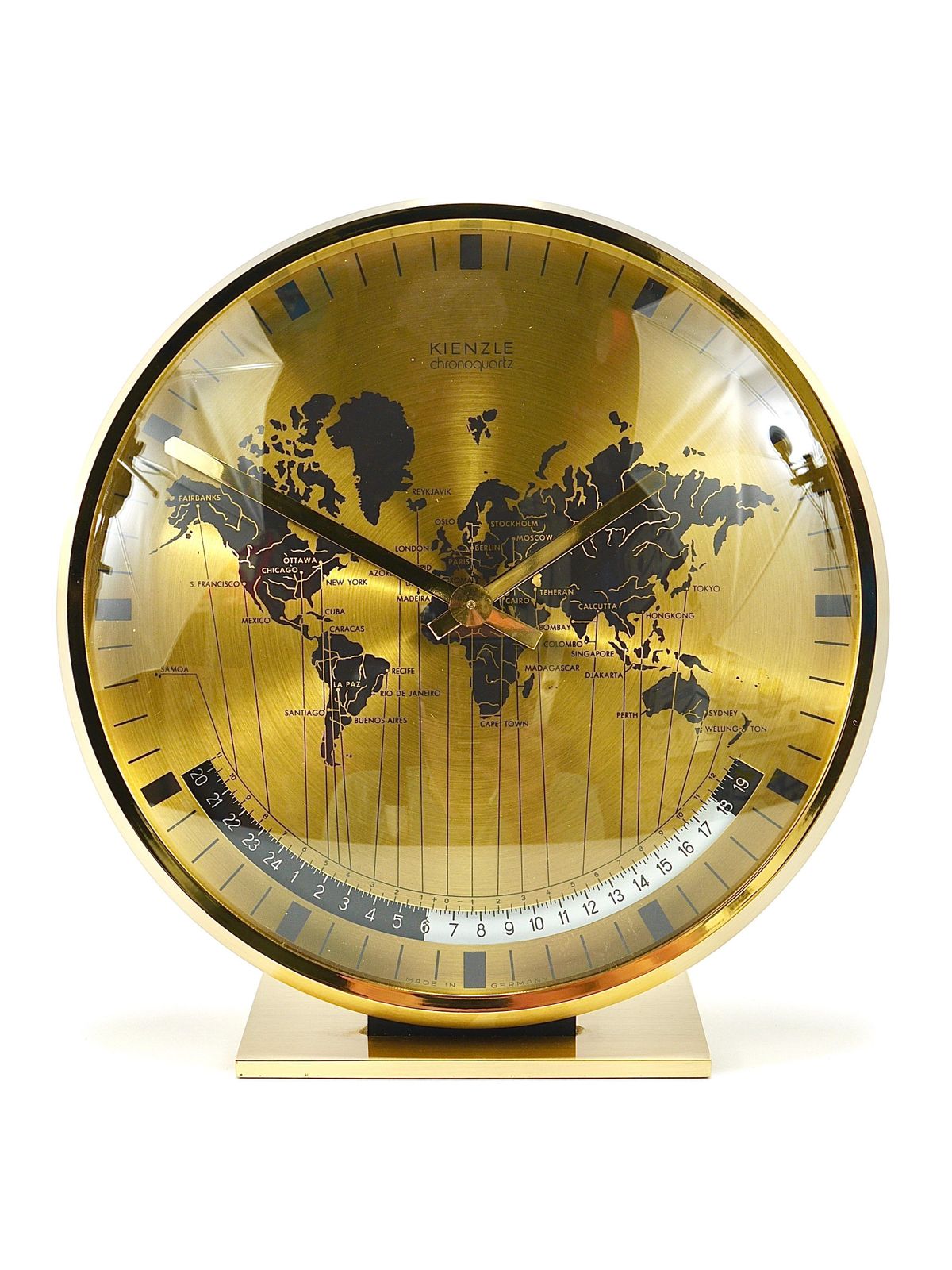 Kienzle Gmt World Time Zone Brass Table Clock, Midcentury, Germany, 1960s photo vinterior