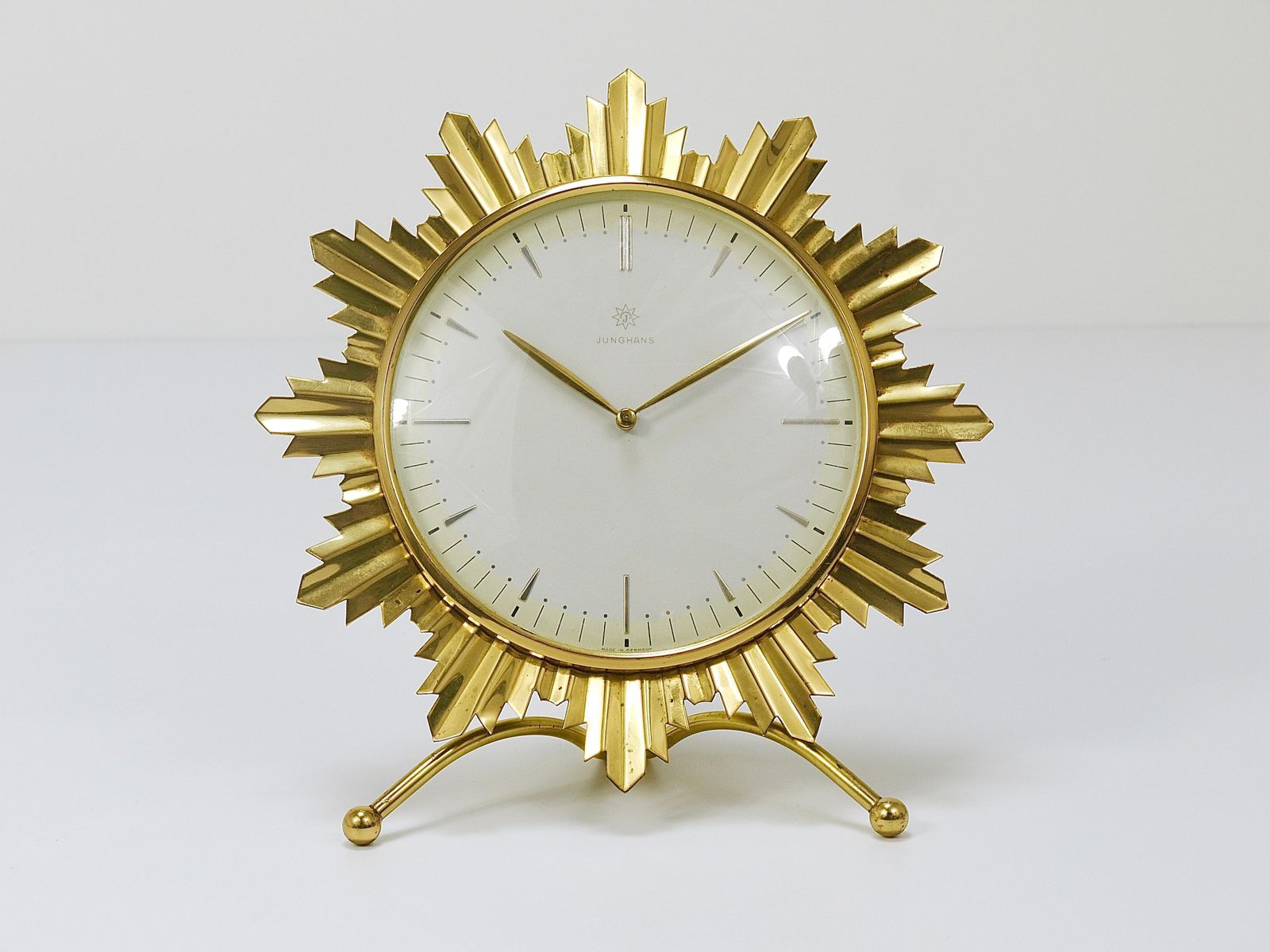 Junghans Mid Century Golden Sunburst Brass Table Desk Clock, Germany, 1950s photo furniture