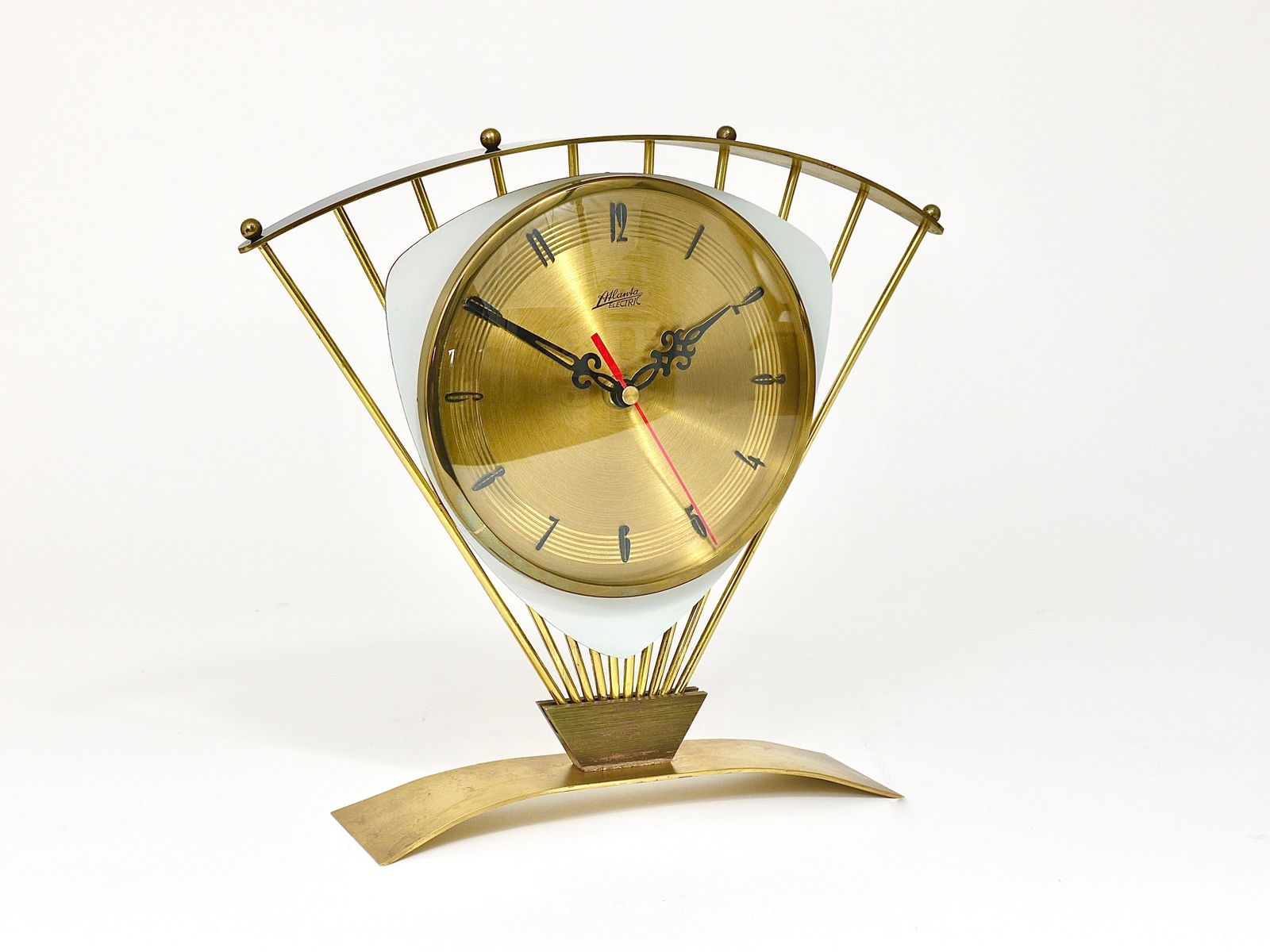 Atlanta Midcentury Atomic Age Sunburst Brass Table Desk Clock, Western Germany photo furniture