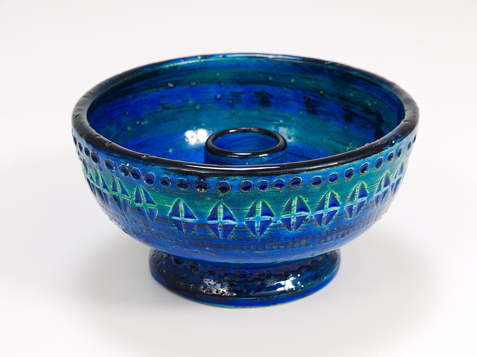 Aldo Londi Bitossi Rimini Blue Glazed Midcentury Candle Holder Bowl, 1950s photo 363.0