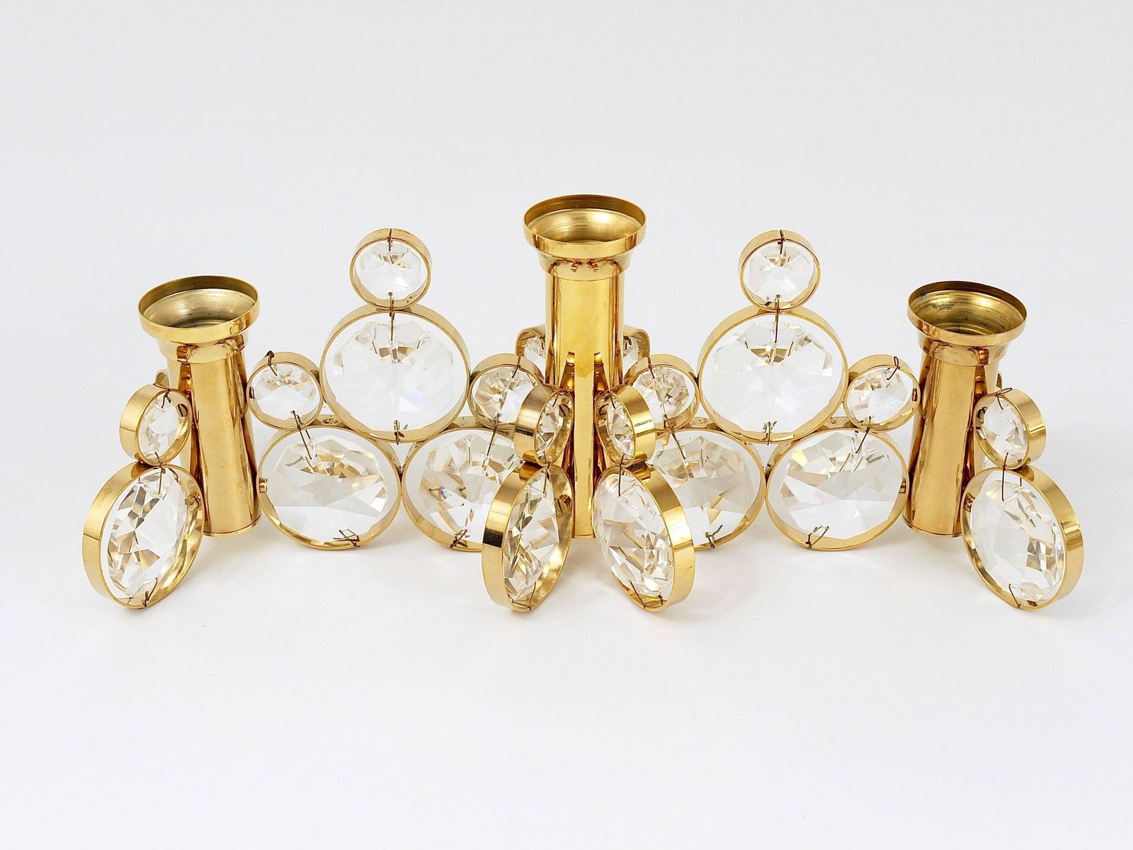 5x Palwa Gaetano Sciolari Style Brass & Crystal Candle Holder Candlestick, 1970s photo 395.0