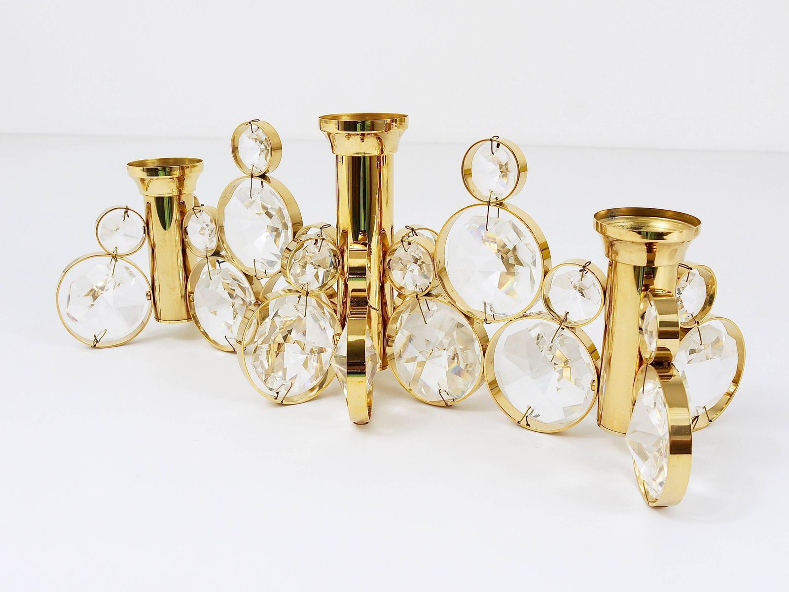 photo furniture 5x Palwa Gaetano Sciolari Style Brass & Crystal Candle Holder Candlestick, 1970s