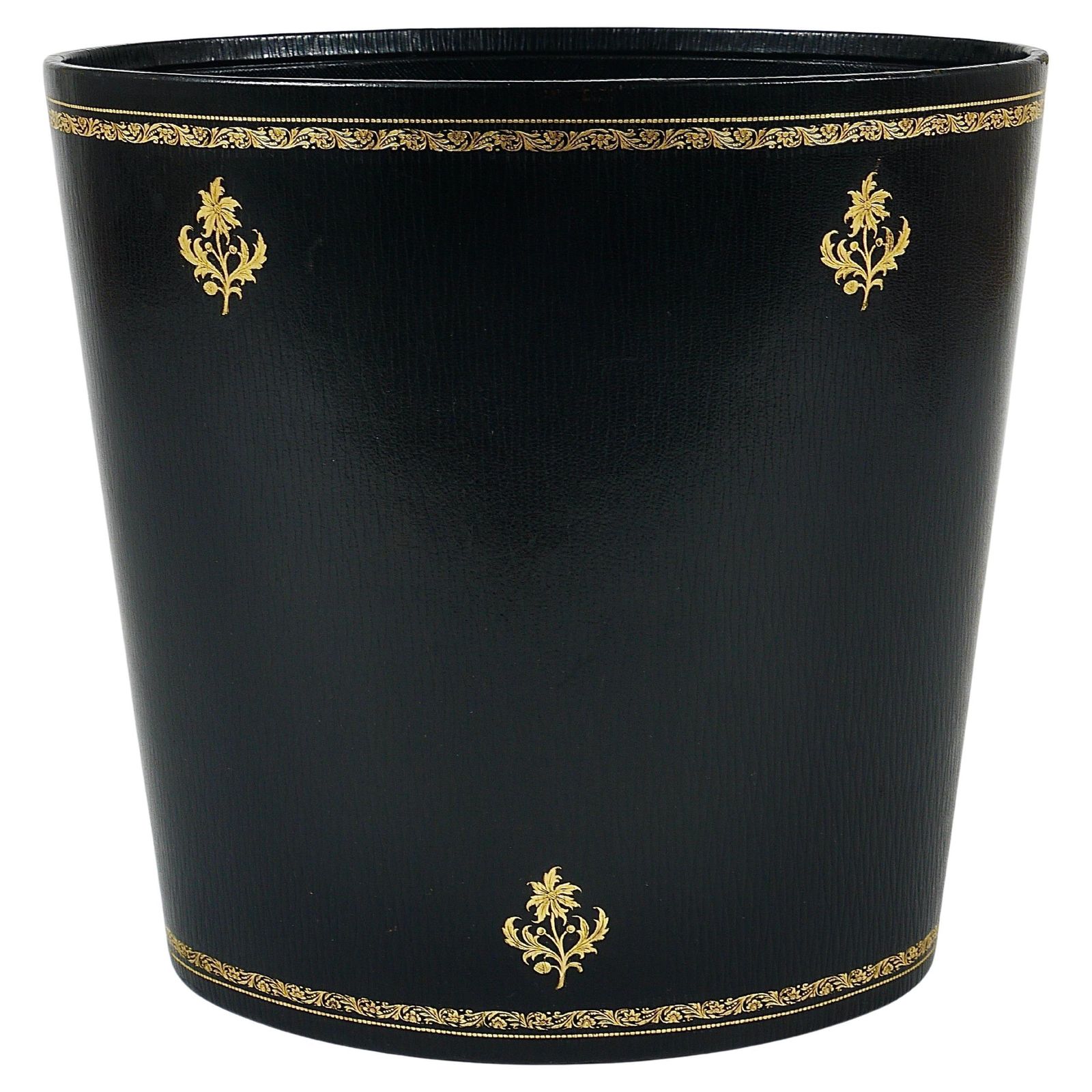 Morabito Paris Black & Gold Leather Wastepaper Basket Bin, France, 1970s