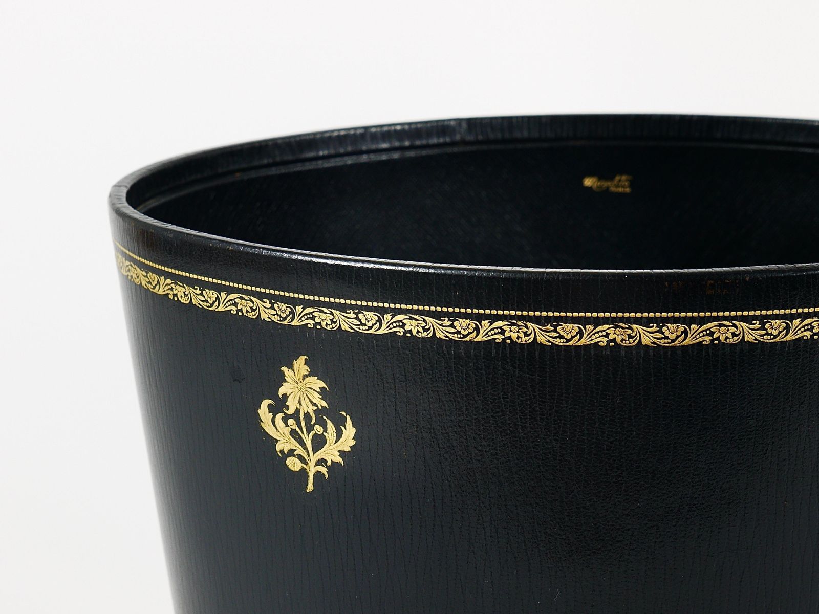 Morabito Paris Black & Gold Leather Wastepaper Basket Bin, France, 1970s photo buy