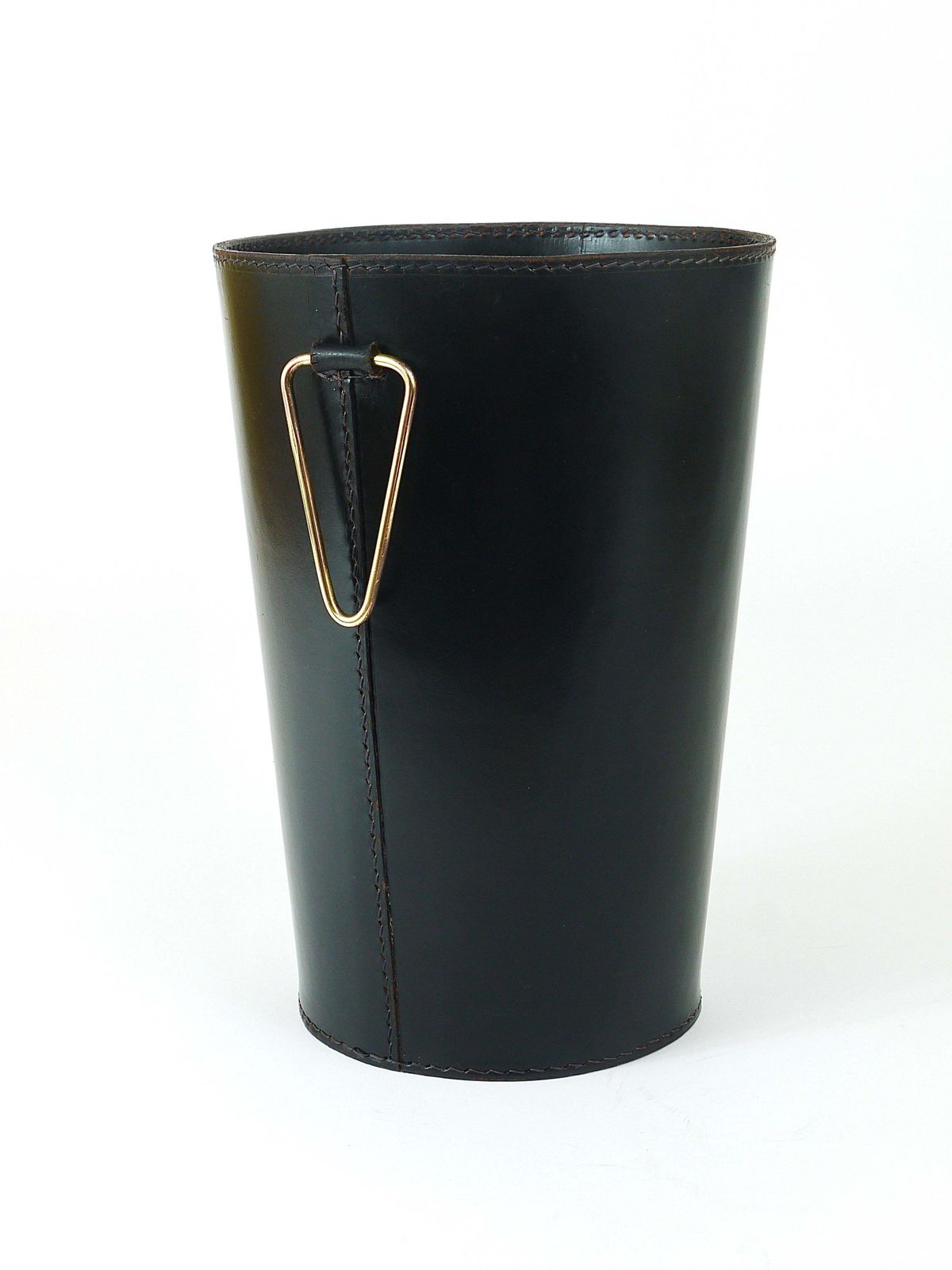 photo furniture Mid Century Carl Auböck Black Leather & Brass Wastepaper Basket, Austria, 1950s