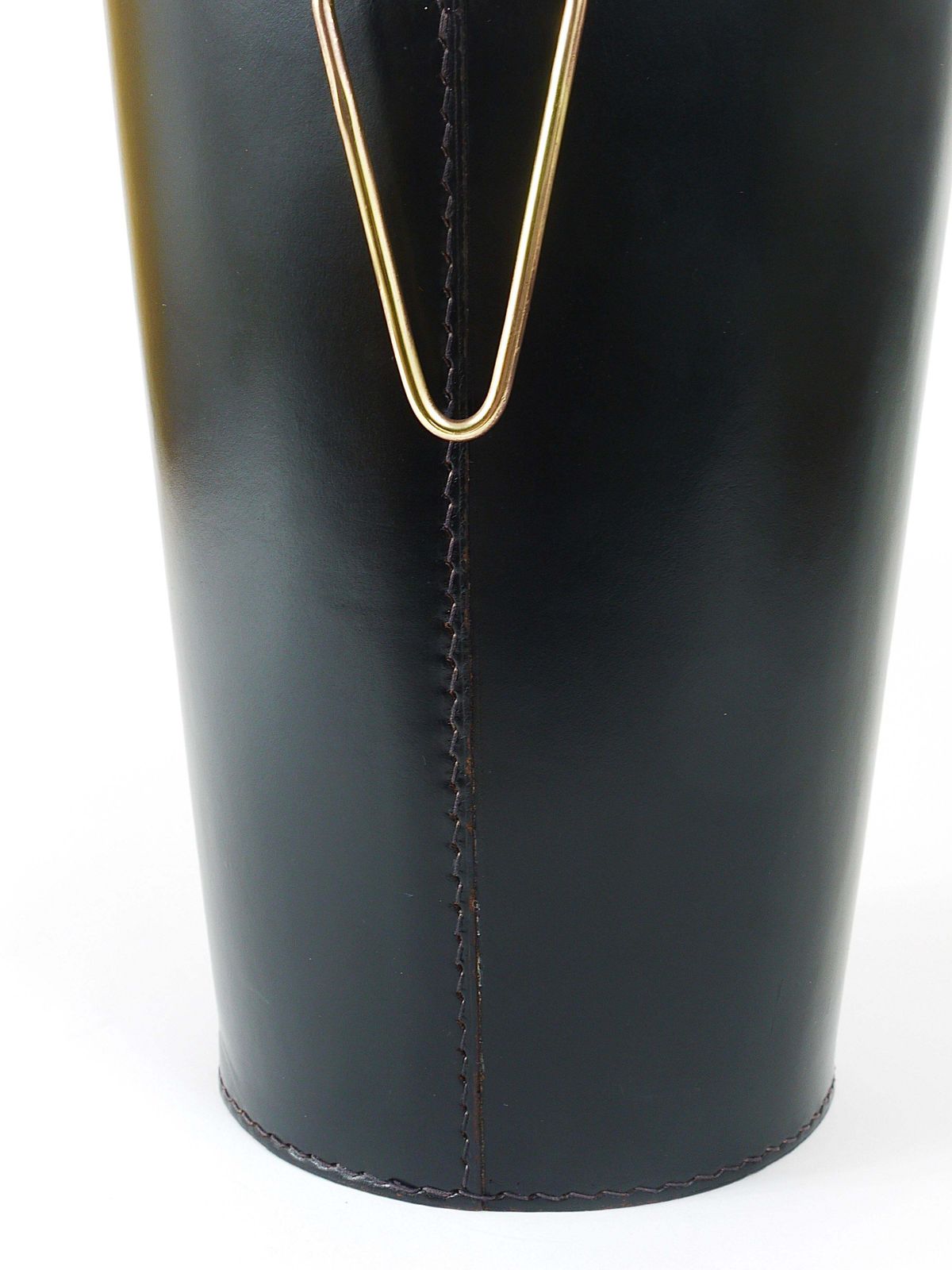 photo buy Mid Century Carl Auböck Black Leather & Brass Wastepaper Basket, Austria, 1950s