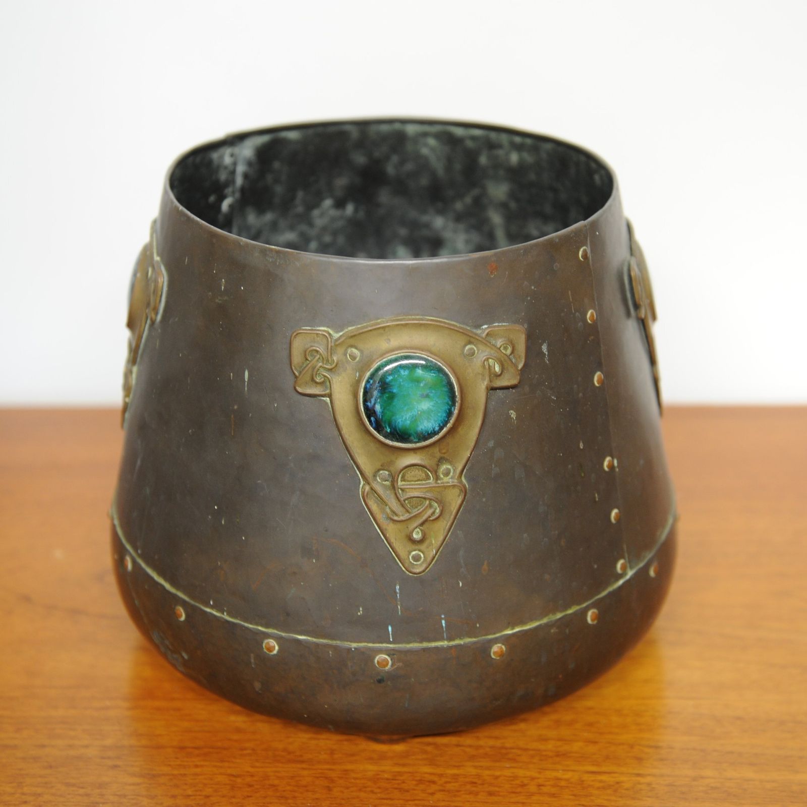Art Nouveau Metal Cylindrical Plant Pot With Ornate Details And Enamel Embellishments, 1910 photo for sale