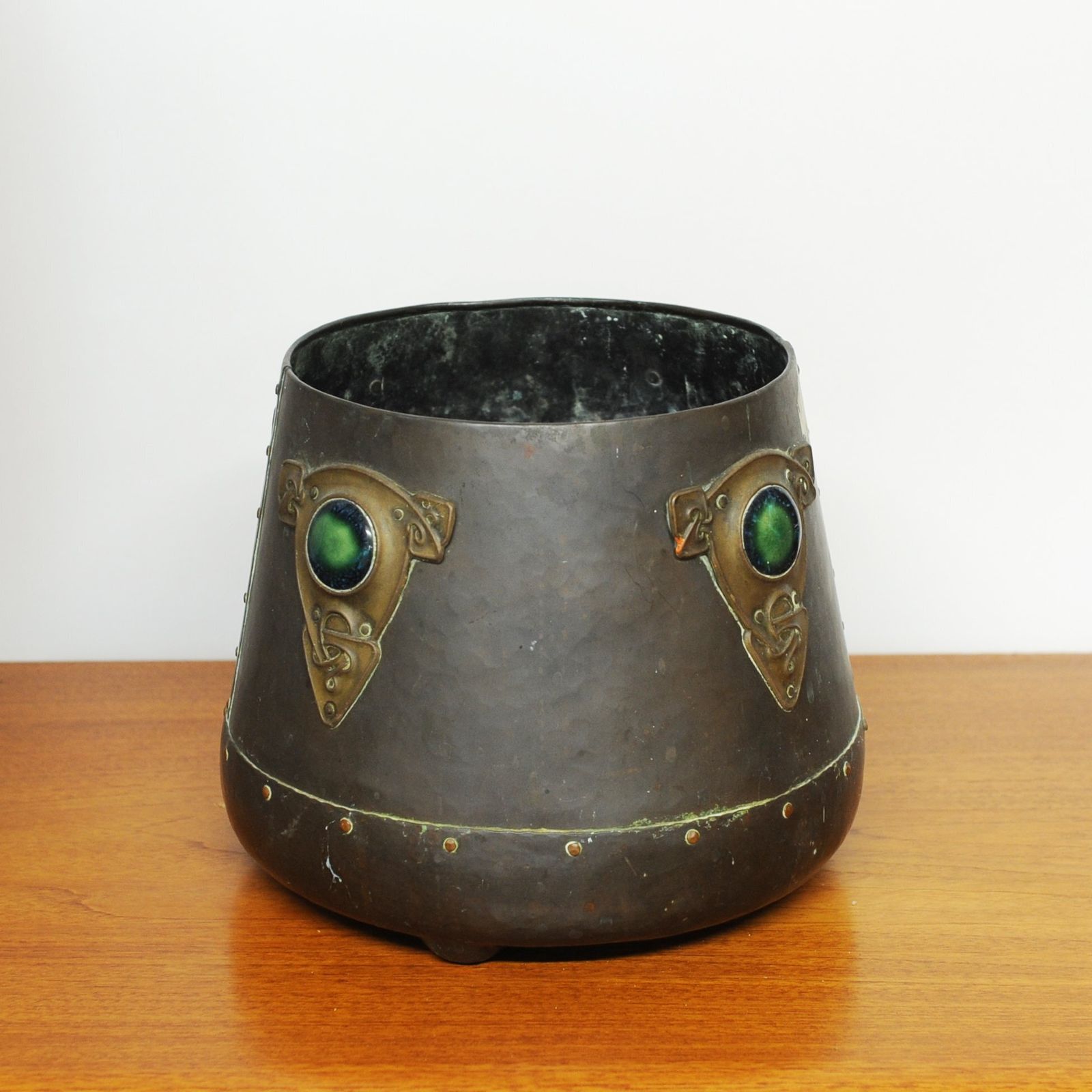 Art Nouveau Metal Cylindrical Plant Pot With Ornate Details And Enamel Embellishments, 1910 photo buy