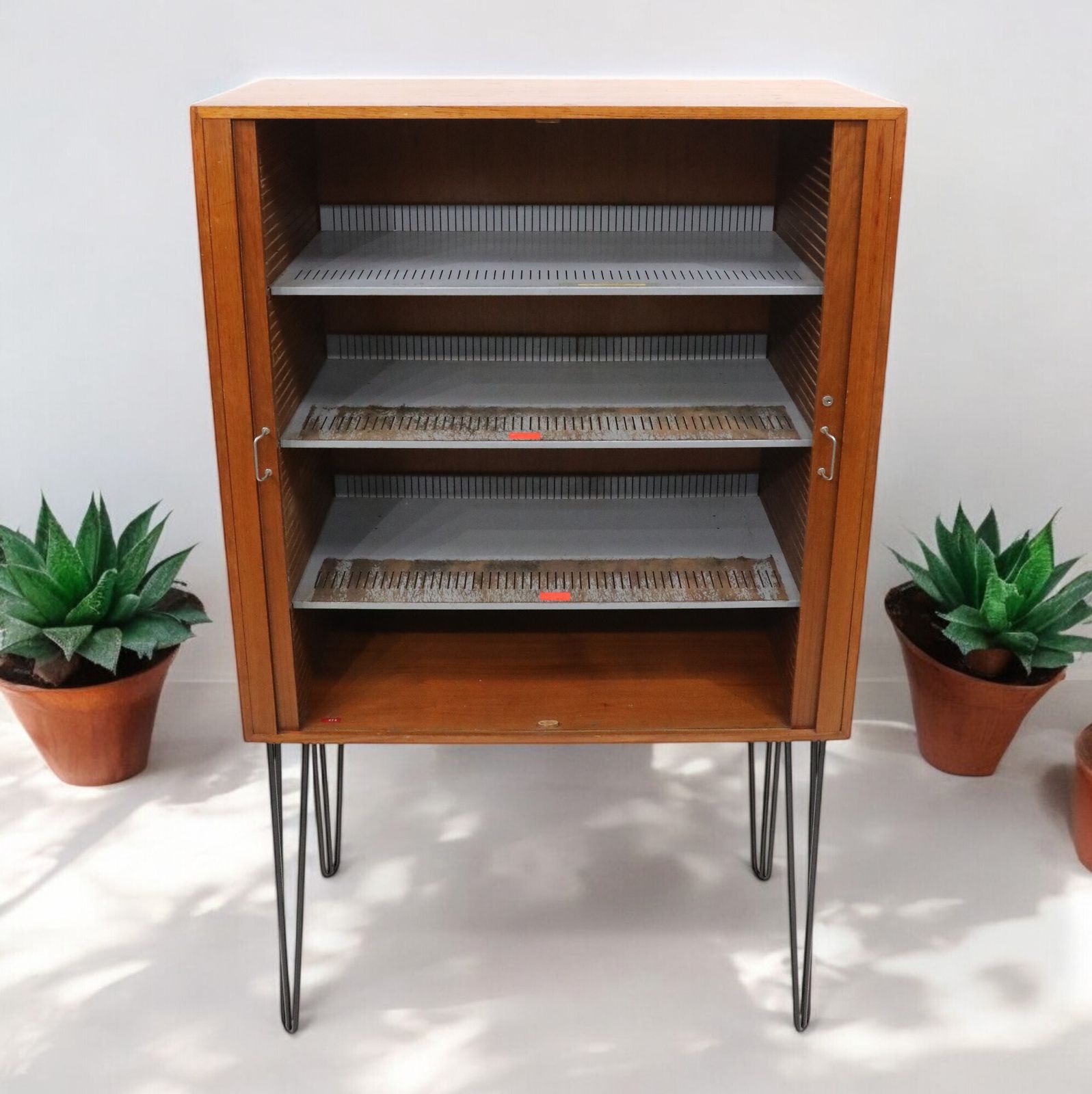 1960s Teak Cupboard With Metal Shelving Sliding Tambour Doors Free Uk Delivery photo Furniture