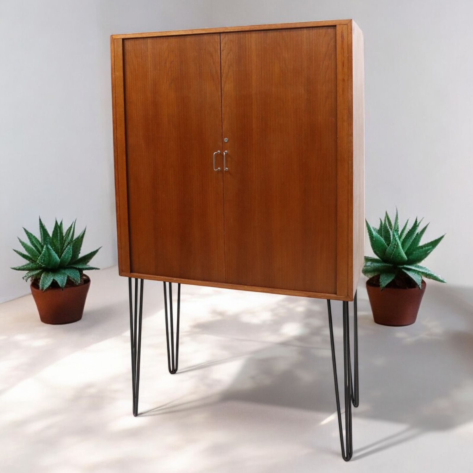 photo for sale 1960s Teak Cupboard With Metal Shelving Sliding Tambour Doors Free Uk Delivery