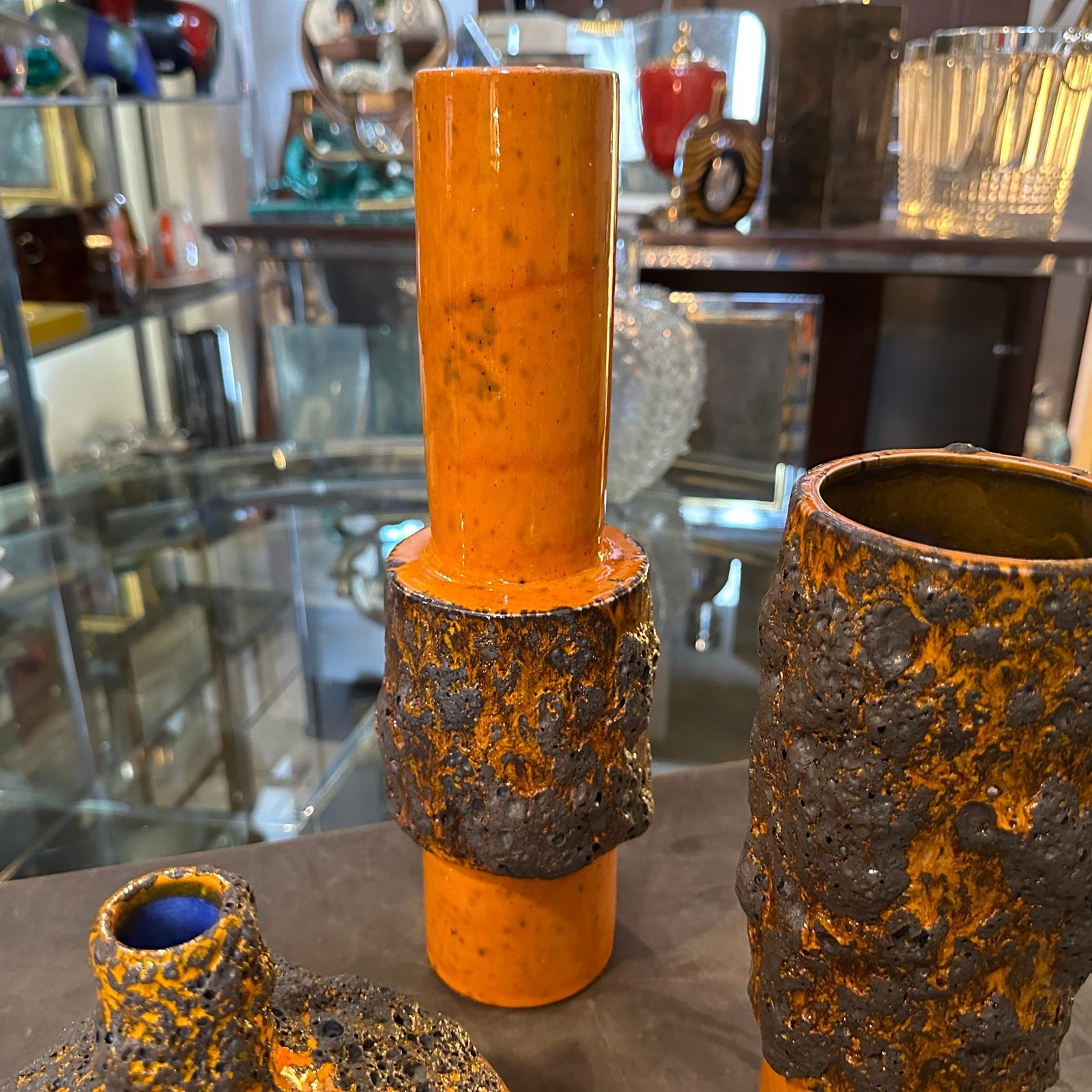 Three 1980s Modernist Orange And Black  Fat Lava Ceramic German Vases photo Home Decor