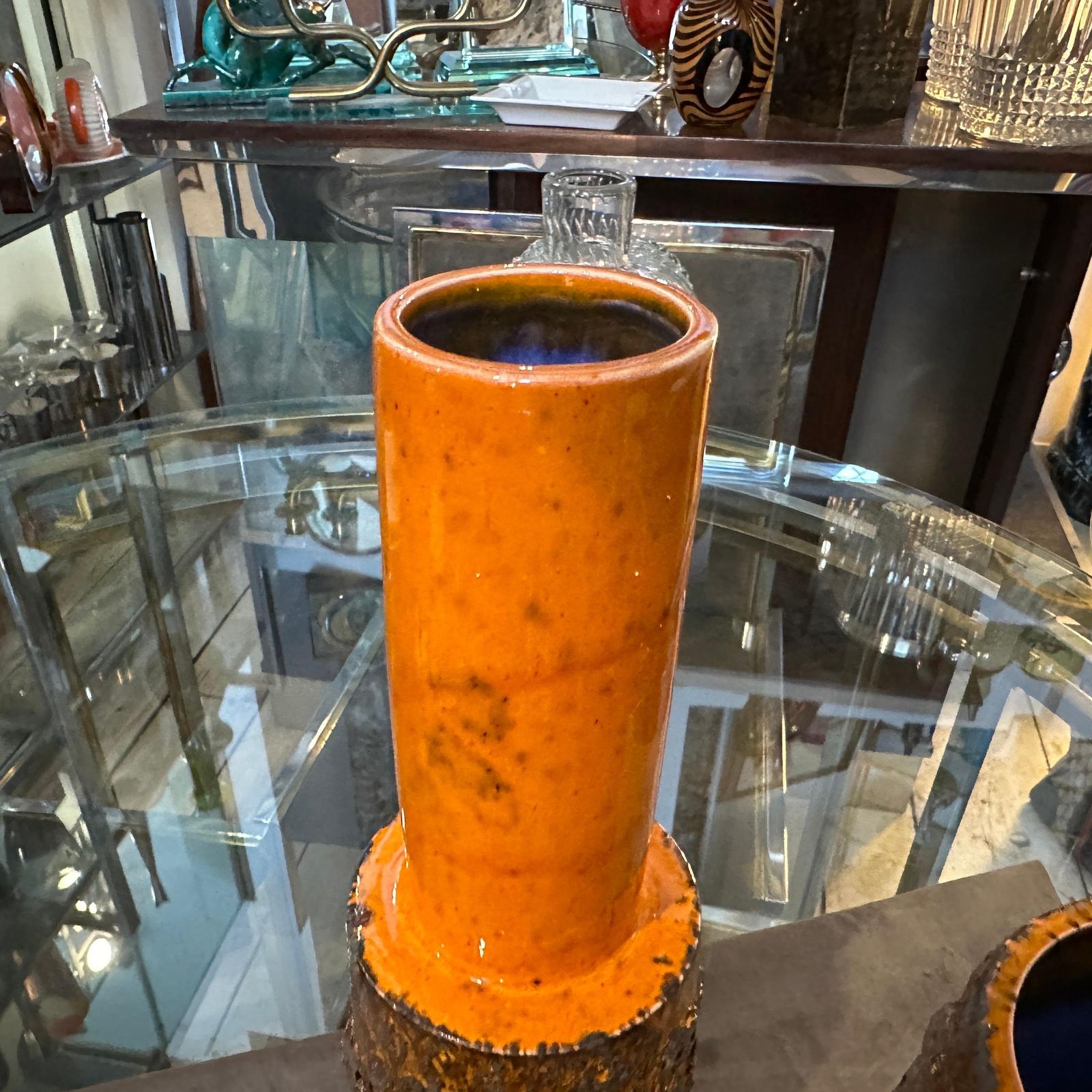 Three 1980s Modernist Orange And Black  Fat Lava Ceramic German Vases photo buy