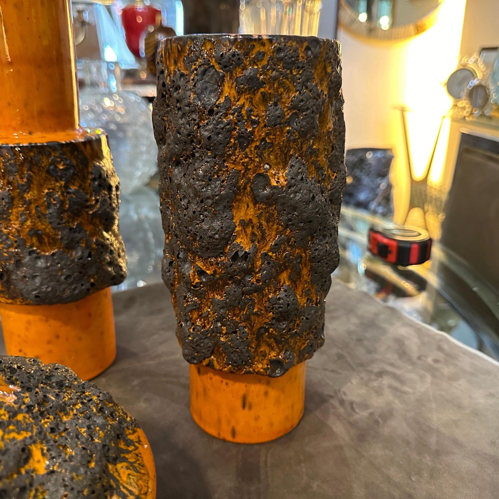 photo vinterior Three 1980s Modernist Orange And Black  Fat Lava Ceramic German Vases