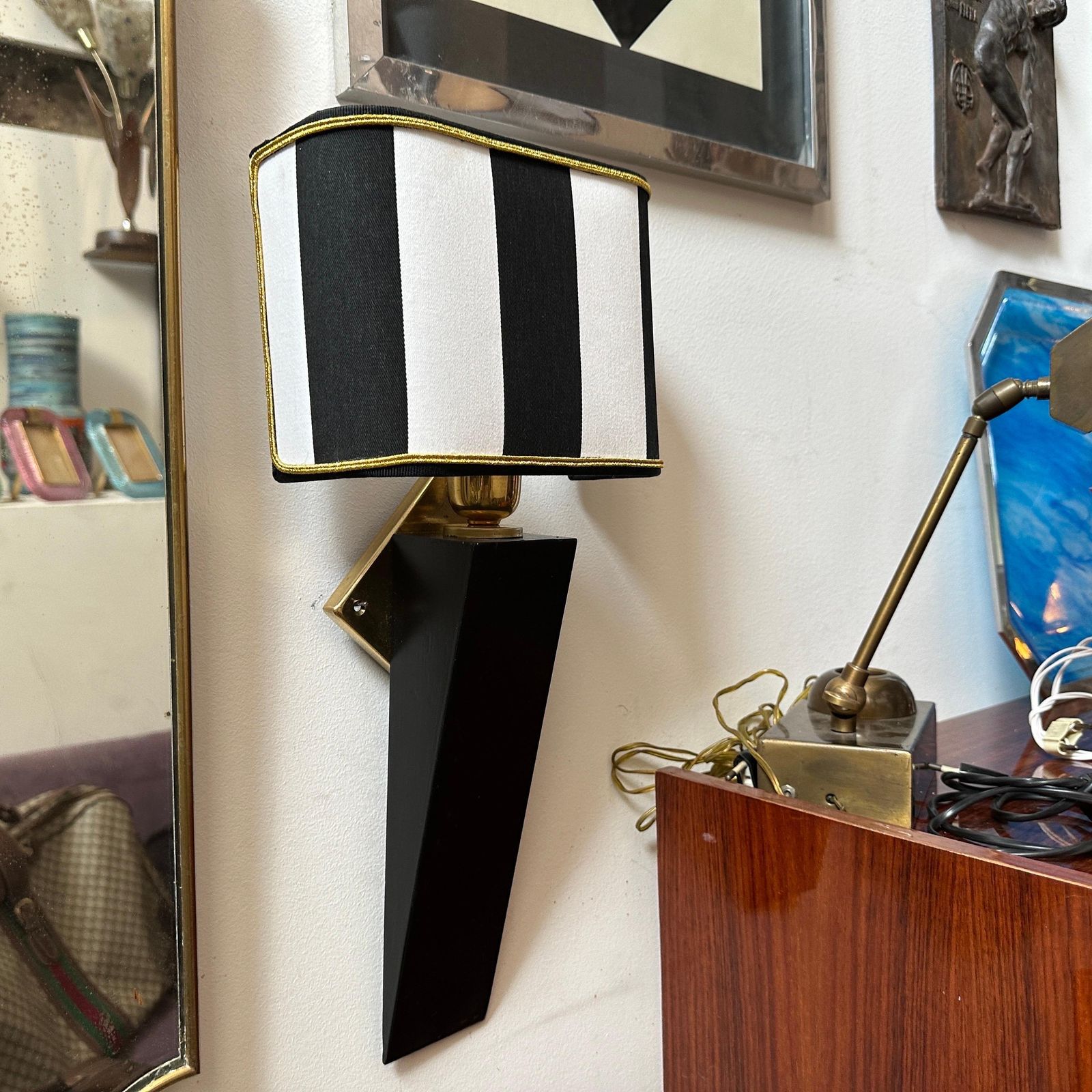 An Elegant 1980s Art Deco Style Black Painted Wood And Brass Italian Wall Sconce photo buy