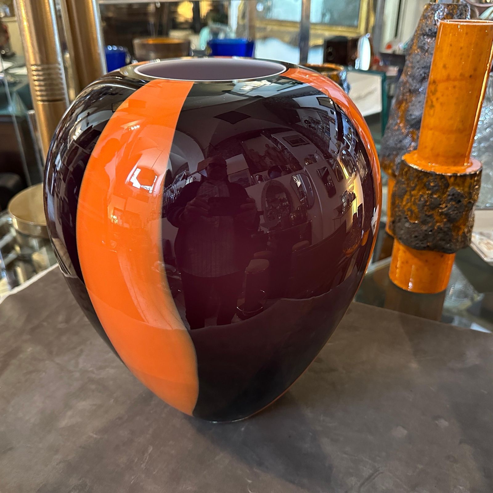photo furniture 1970s Mid Century Modern Purple And Orange Tall Murano Glass Vase
