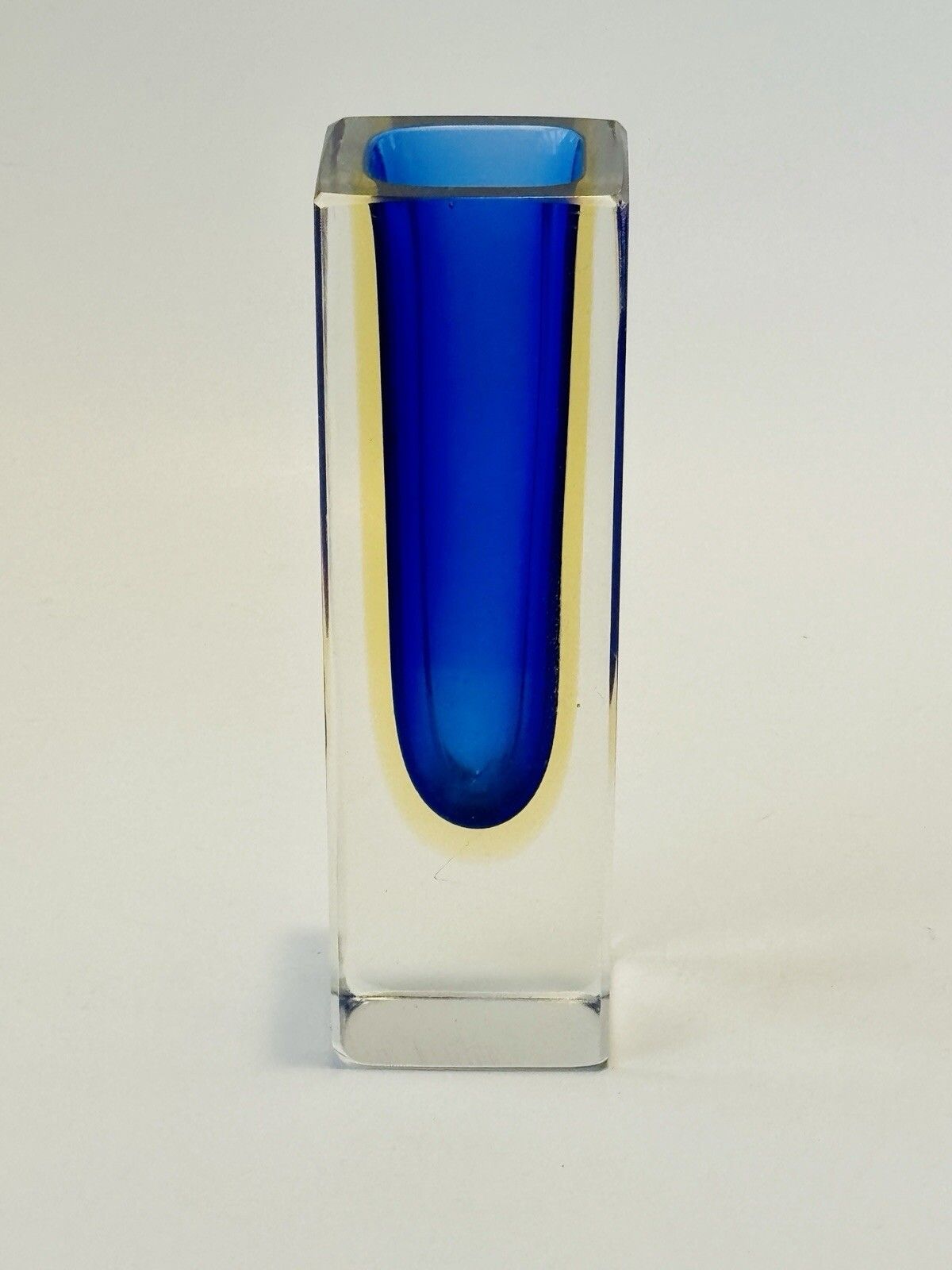 Beautiful Murano Faceted Cobalt Blue & Pale Amber Sommerso Glass Block Vase photo furniture