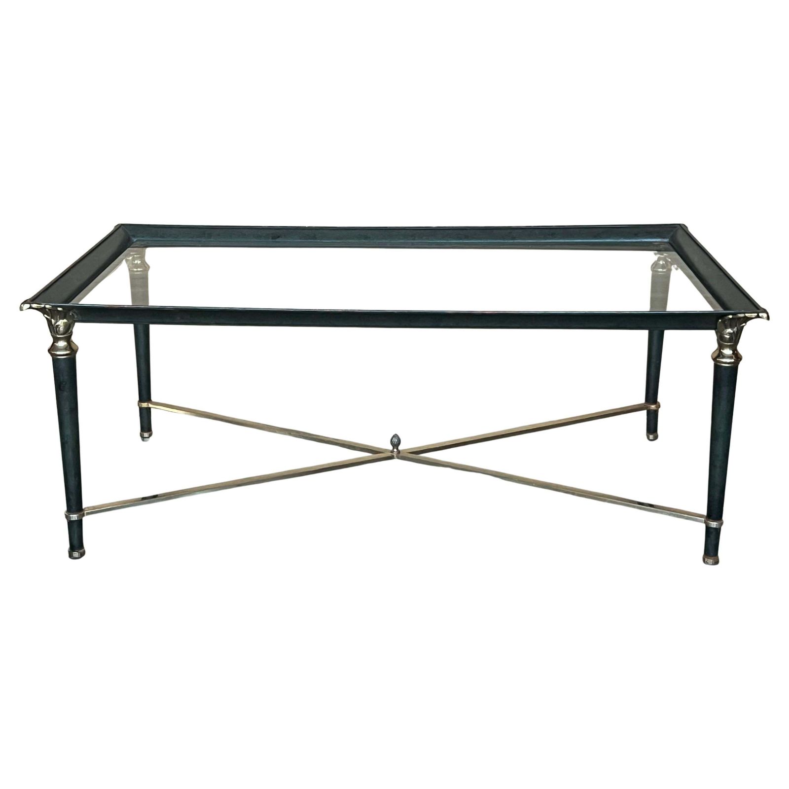 Table basse rectangulaire mid-century, en fer vert avec détails en bronze et laiton