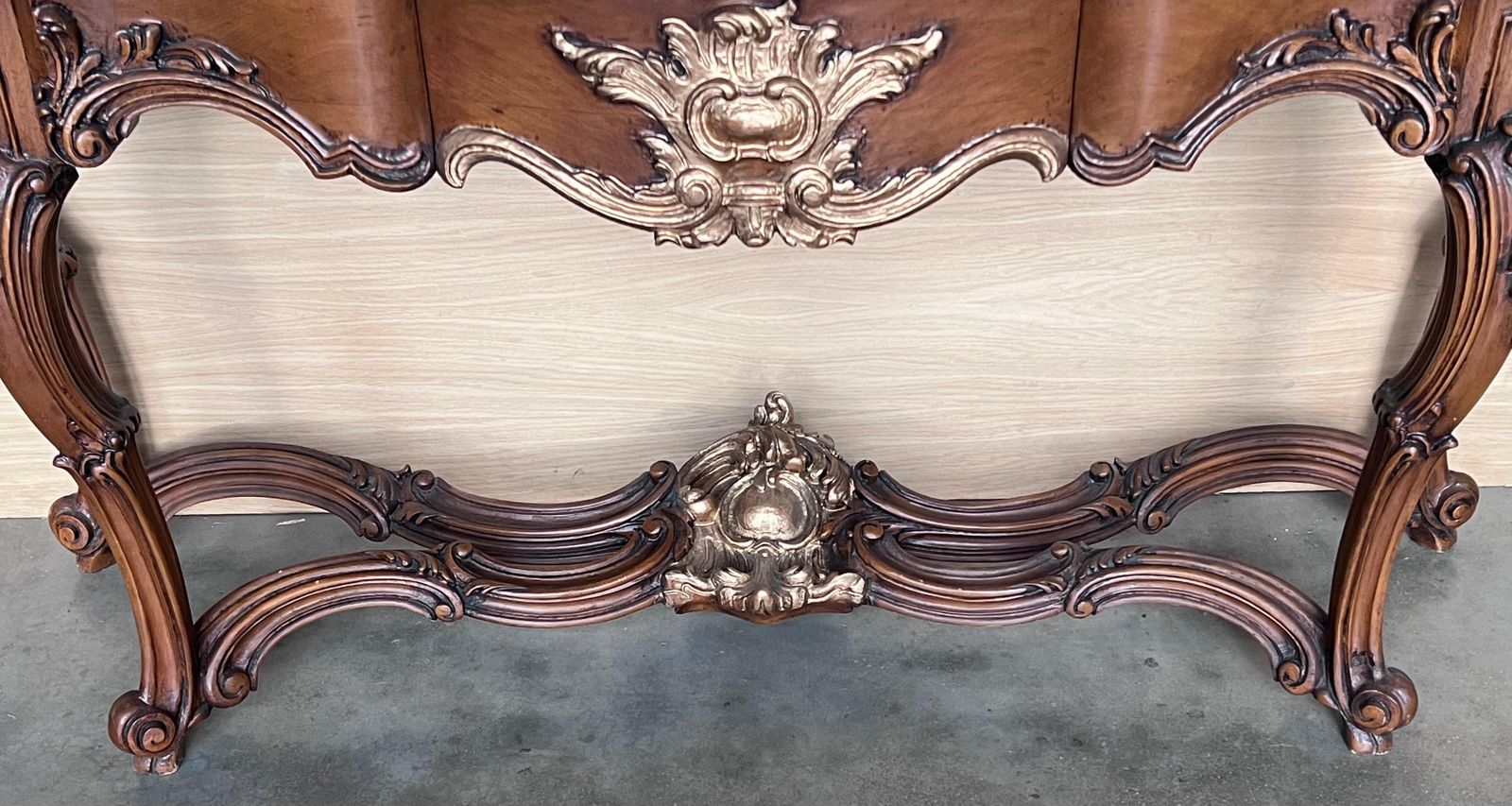 Large French Regency Carved Walnut Console Table With Gilted Details And Drawer photo vintage