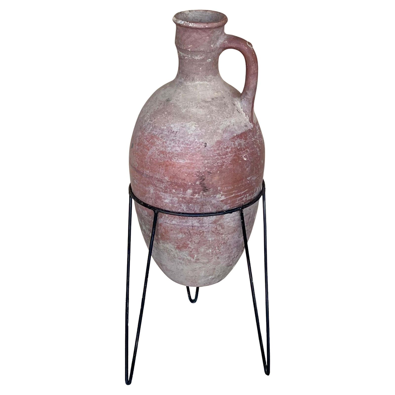 1890 Terracotta Amphora Vase Or Jar With Handle With Metal Support