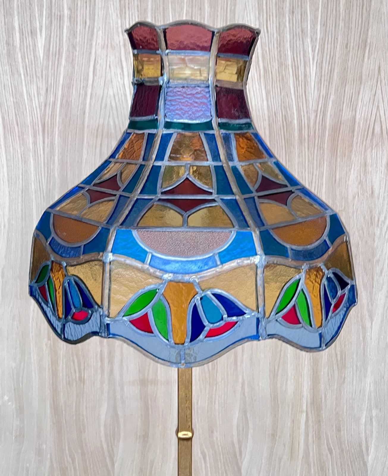 1920’s Brass And Iron Floor Lamp With Vintage Tiffany Style Swirl Shade photo Lighting
