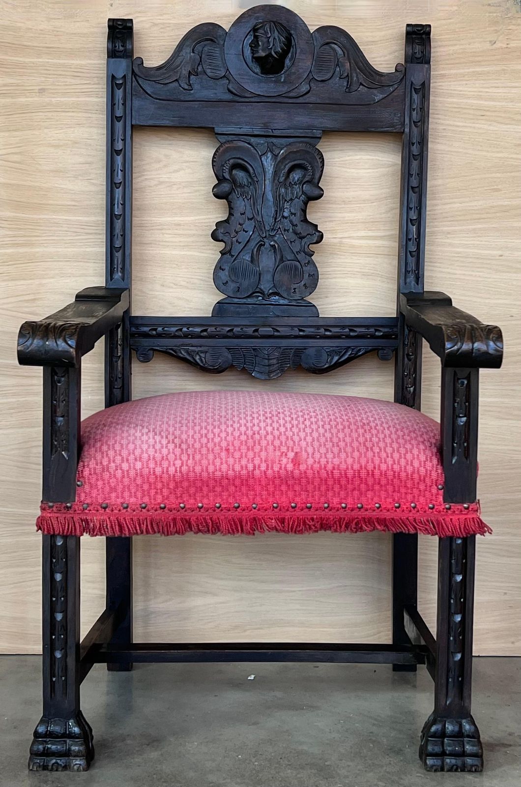 19th Spanish Colonial Altar Carved Armchair With Red Velvet Seat And Carved Back photo for sale