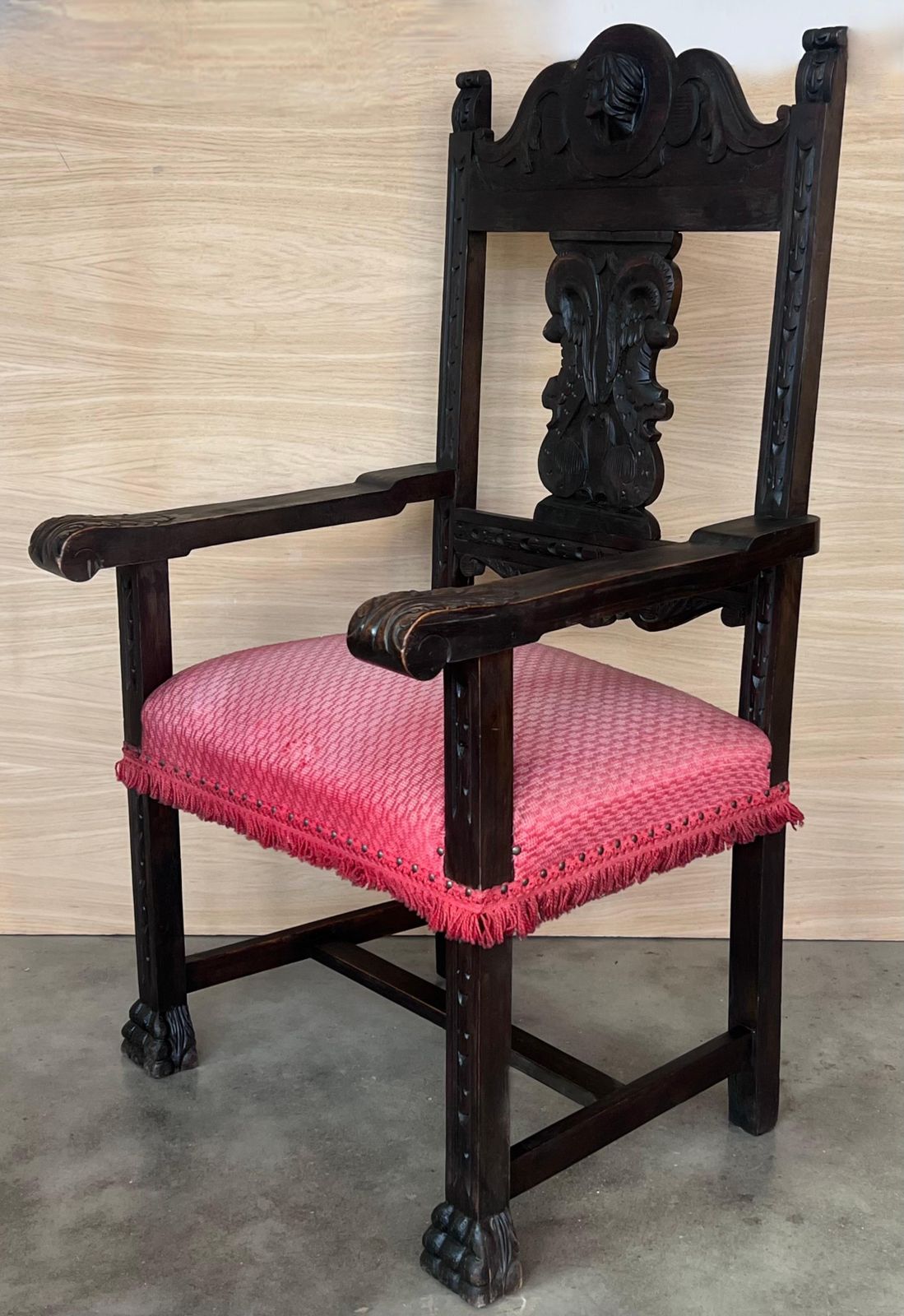19th Spanish Colonial Altar Carved Armchair With Red Velvet Seat And Carved Back photo buy