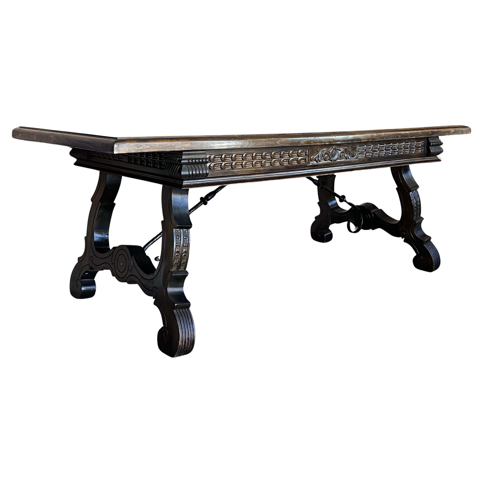 Grande table de bibliothèque ou table centrale de style baroque espagnol à deux faces, en chêne