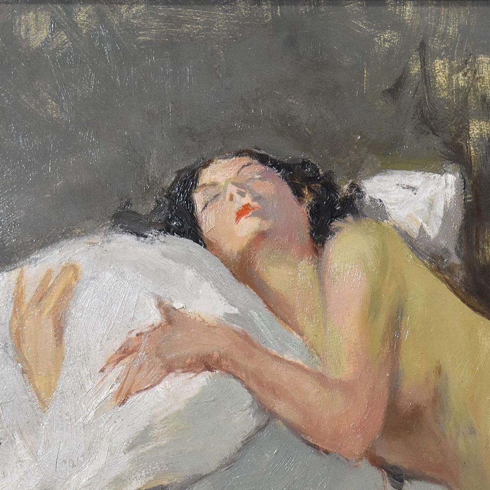 Nude Woman Lying Painting, Art Déco, Naked Woman, XX Century. (Qn607) photo Art