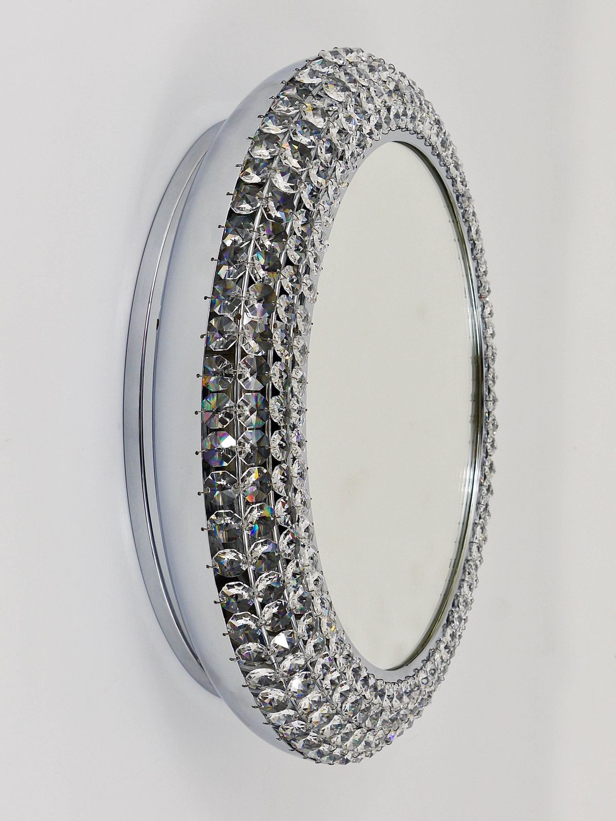 Round Bakalowits Style Faceted Crystal & Chrome Backlit Wall Mirror, 1960s photo vinterior