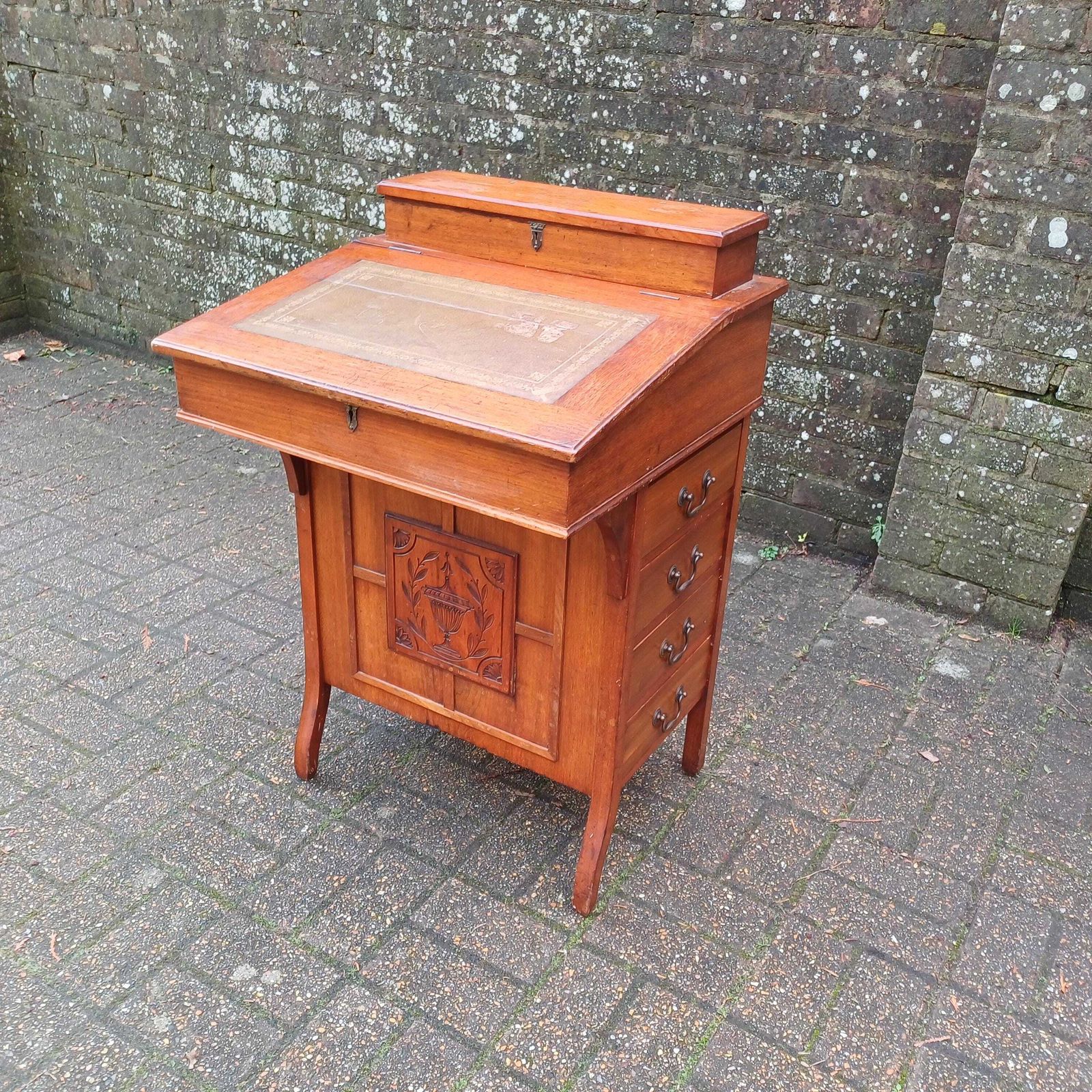 Vintage Davenport Antique Walnut Writing Desk With Carved Panel, Late 19th/Early 20th Century