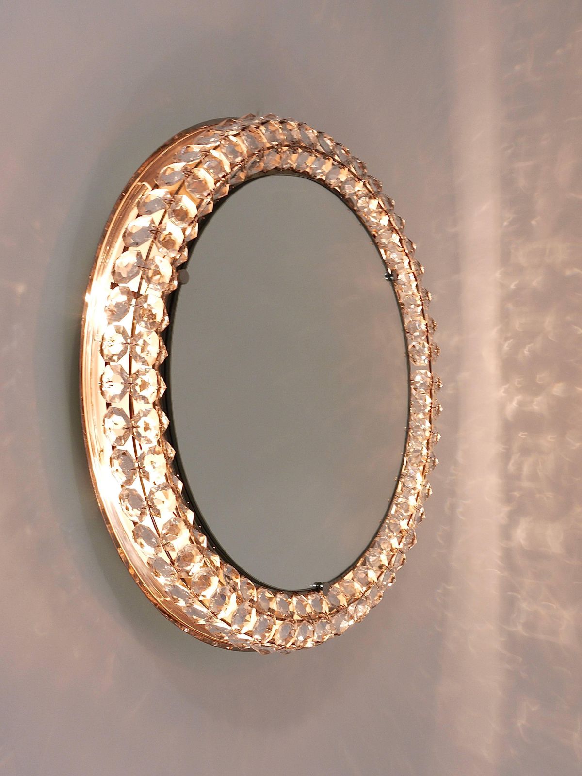 Bakalowits Vienna Round Backlit Wall Mirror With Huge Crystals, Austria, 1950s photo buy