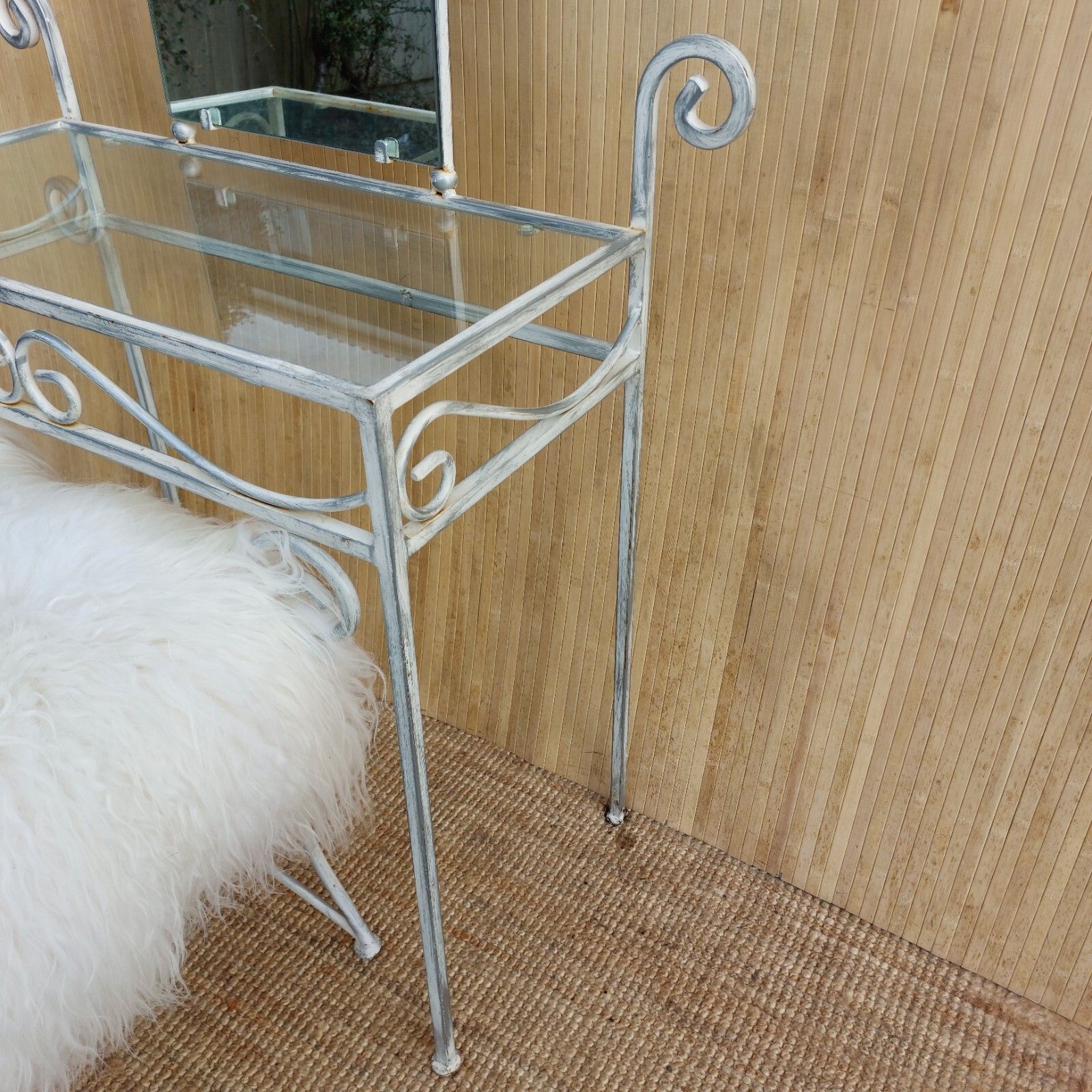 Fab Vintage 1970s Cast Iron Petite Dressing Table W/ Mirror & Sheepskin Stool photo vintage