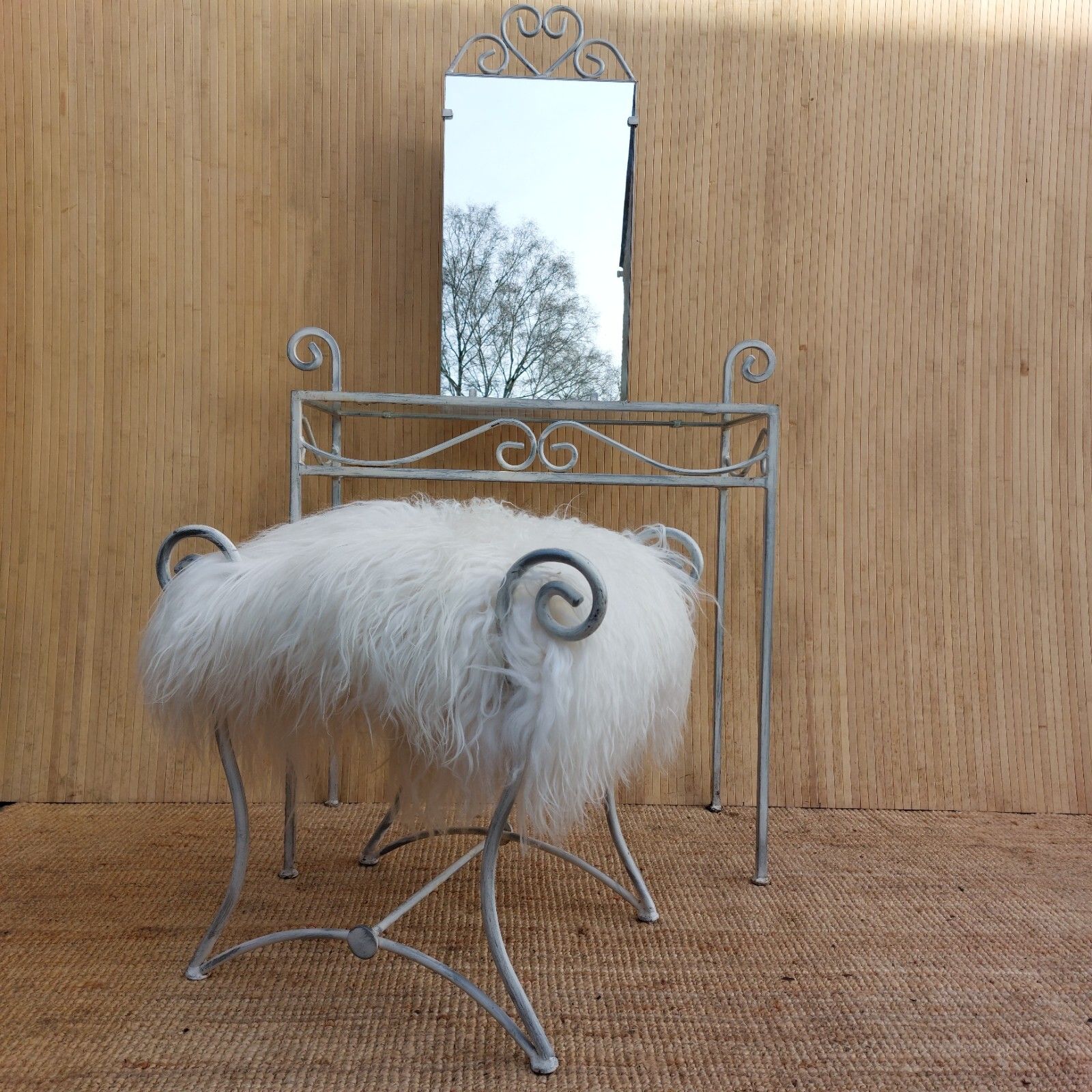 250.0 Fab Vintage 1970s Cast Iron Petite Dressing Table W/ Mirror & Sheepskin Stool photo