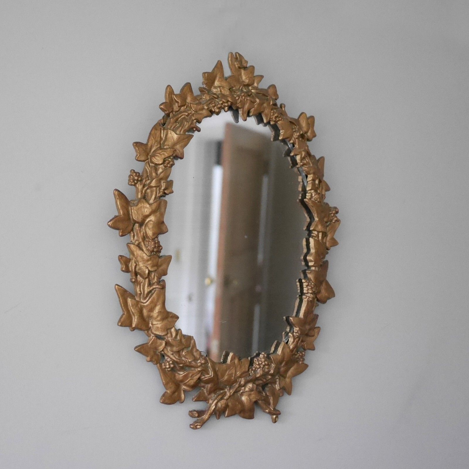 Antique Victorian Cast Iron Metal Hanging Wall Mirror Ivy Leaf Gold #102753 photo furniture