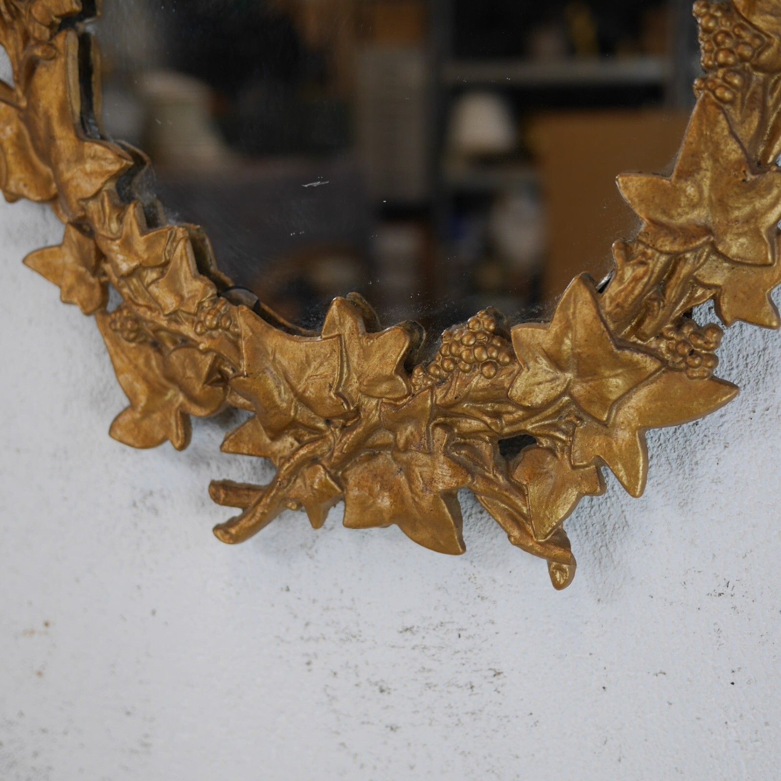 Antique Victorian Cast Iron Metal Hanging Wall Mirror Ivy Leaf Gold #102753 photo vinterior