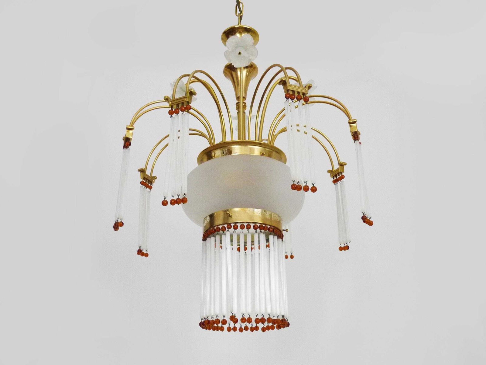 Art Nouveau Style Chandelier In Brass With Pendants And Glass Globe With 3 Lights. Italy 70s 80s photo 940.0