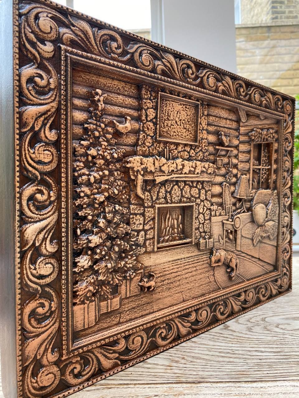 Carved Wooden Painting "Home Comfort", Or "The House Where Happiness Lives" Material   Alder.  Size 450mm X 332mm photo furniture