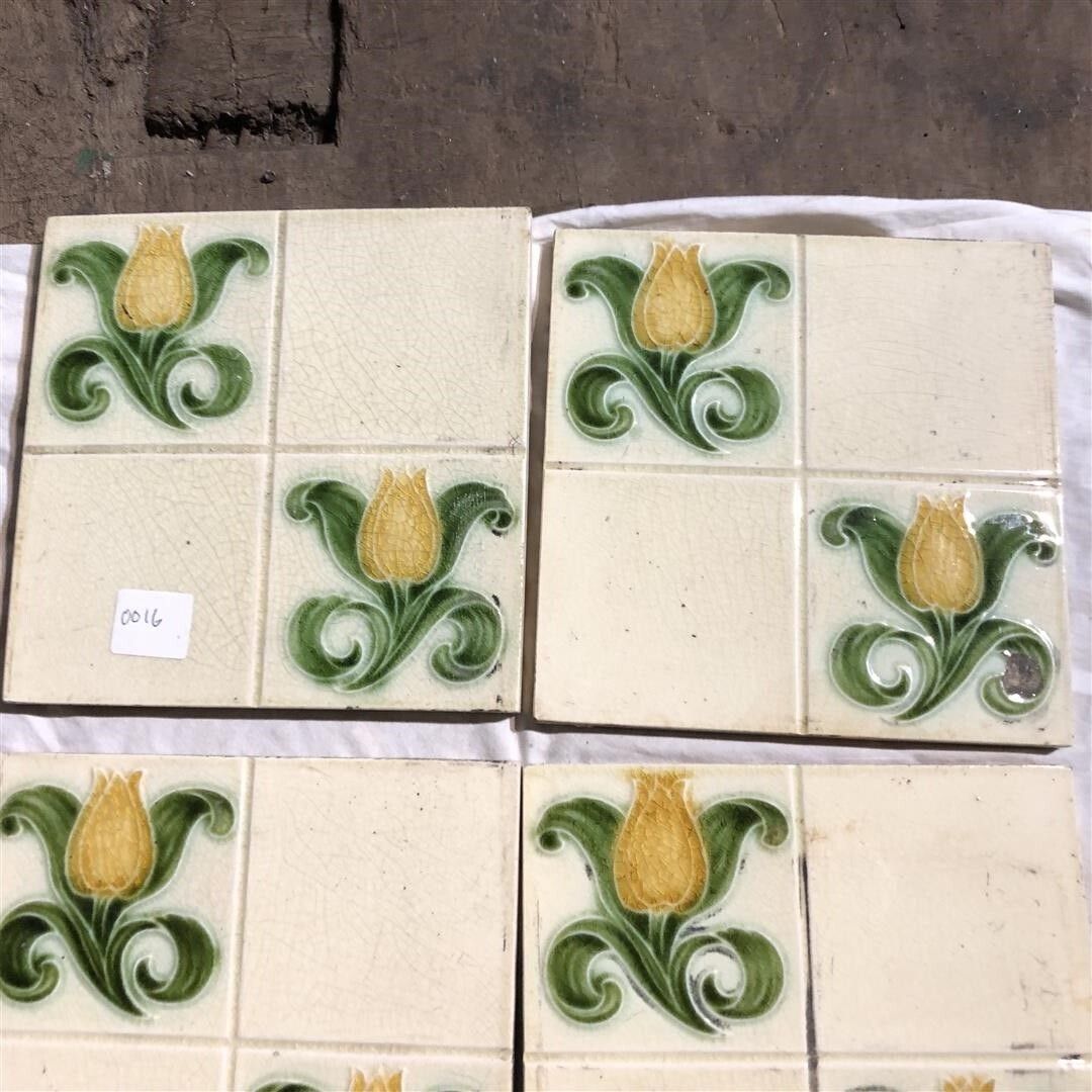 Set Of Ten Original Antique Fireplace Tiles With Nouveau Tulips 1900 photo 195.0