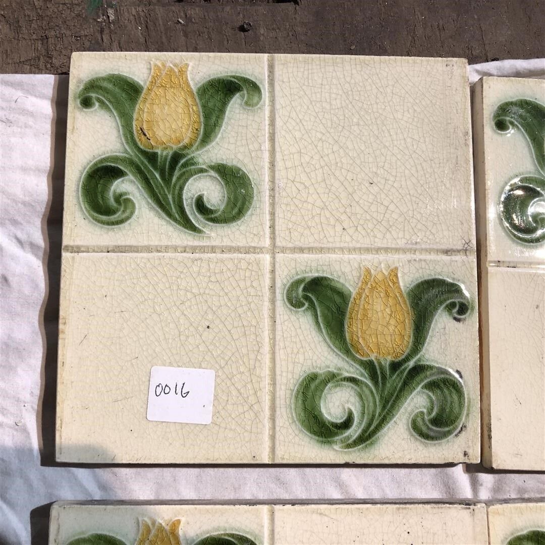 Set Of Ten Original Antique Fireplace Tiles With Nouveau Tulips 1900 photo vinterior