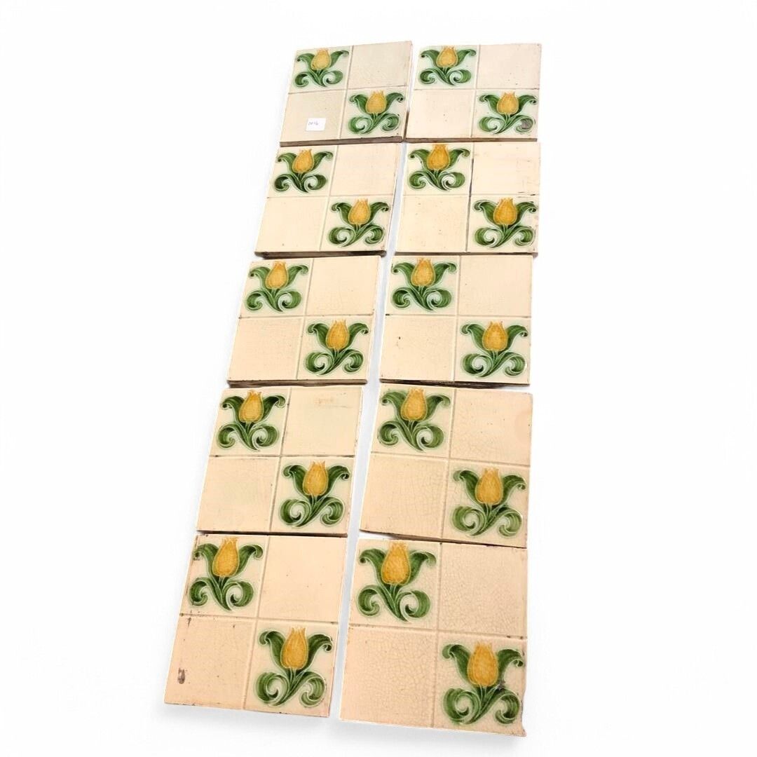Set Of Ten Original Antique Fireplace Tiles With Nouveau Tulips 1900