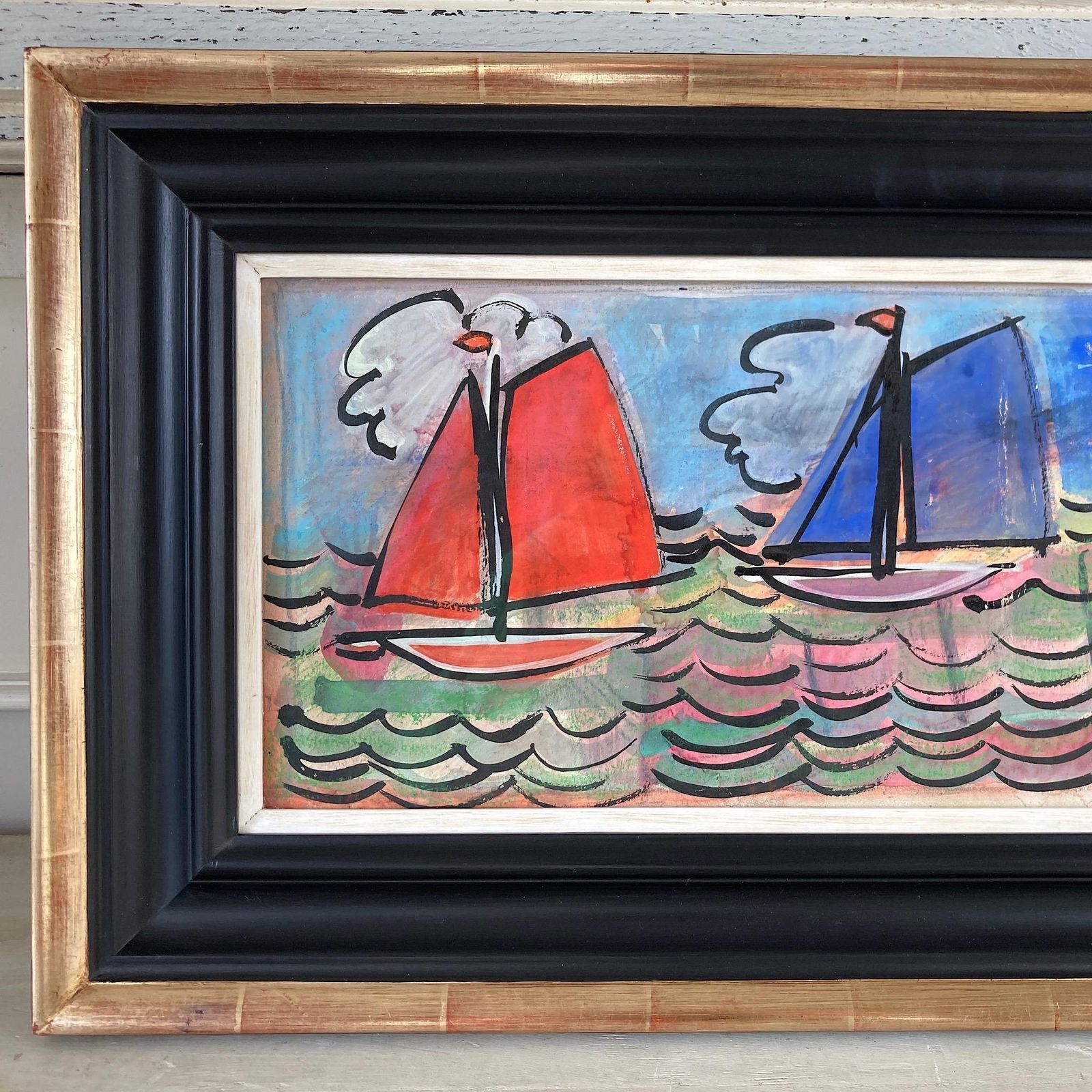 Three Sailboats   French School Mid Century Vintage Original Watercolour And Gouache Framed Painting photo Art