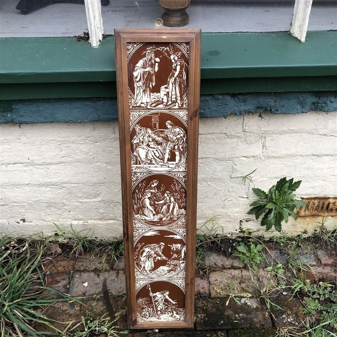 Antique Original Minton Hollis Ceramic Fireplace Tiles In Wood Frame Showing Biblical Scenes 1870s photo for sale
