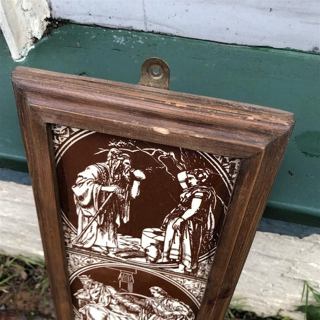 Antique Original Minton Hollis Ceramic Fireplace Tiles In Wood Frame Showing Biblical Scenes 1870s photo 275.0