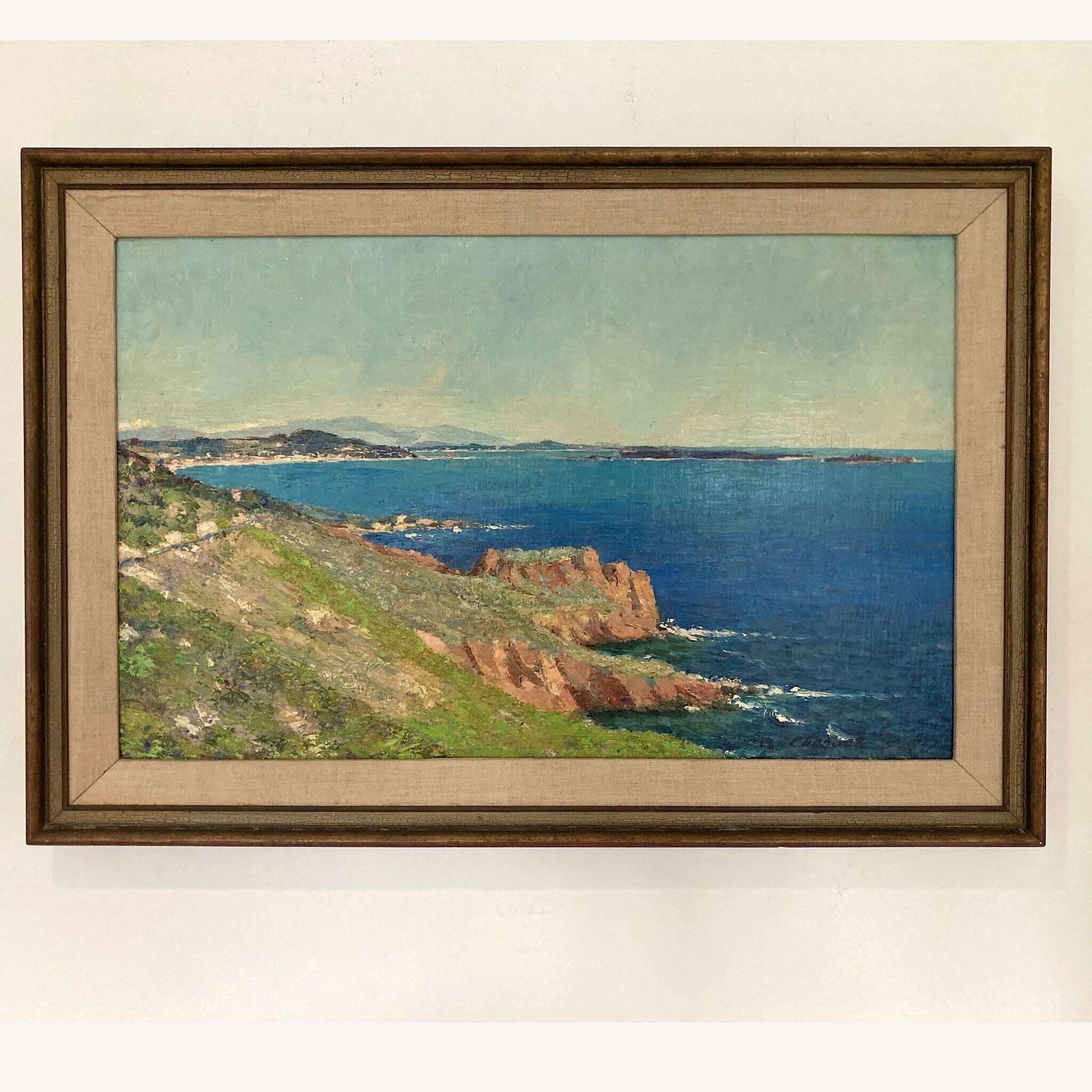 Cote D’azure   Vintage Oil On Canvas Board Coastline Painting Of The Cote D’azure France Dated 1957