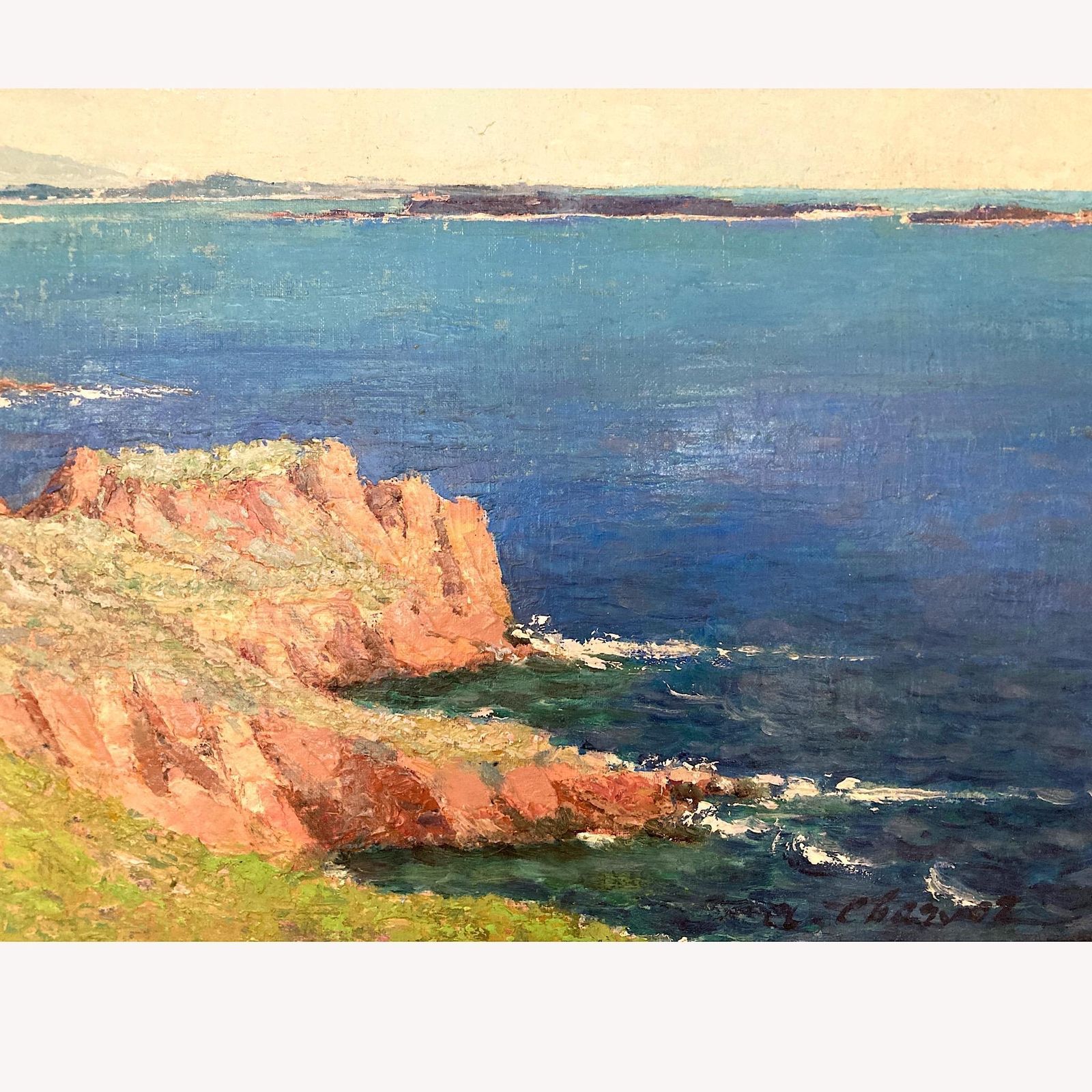 Cote D’azure   Vintage Oil On Canvas Board Coastline Painting Of The Cote D’azure France Dated 1957 photo furniture